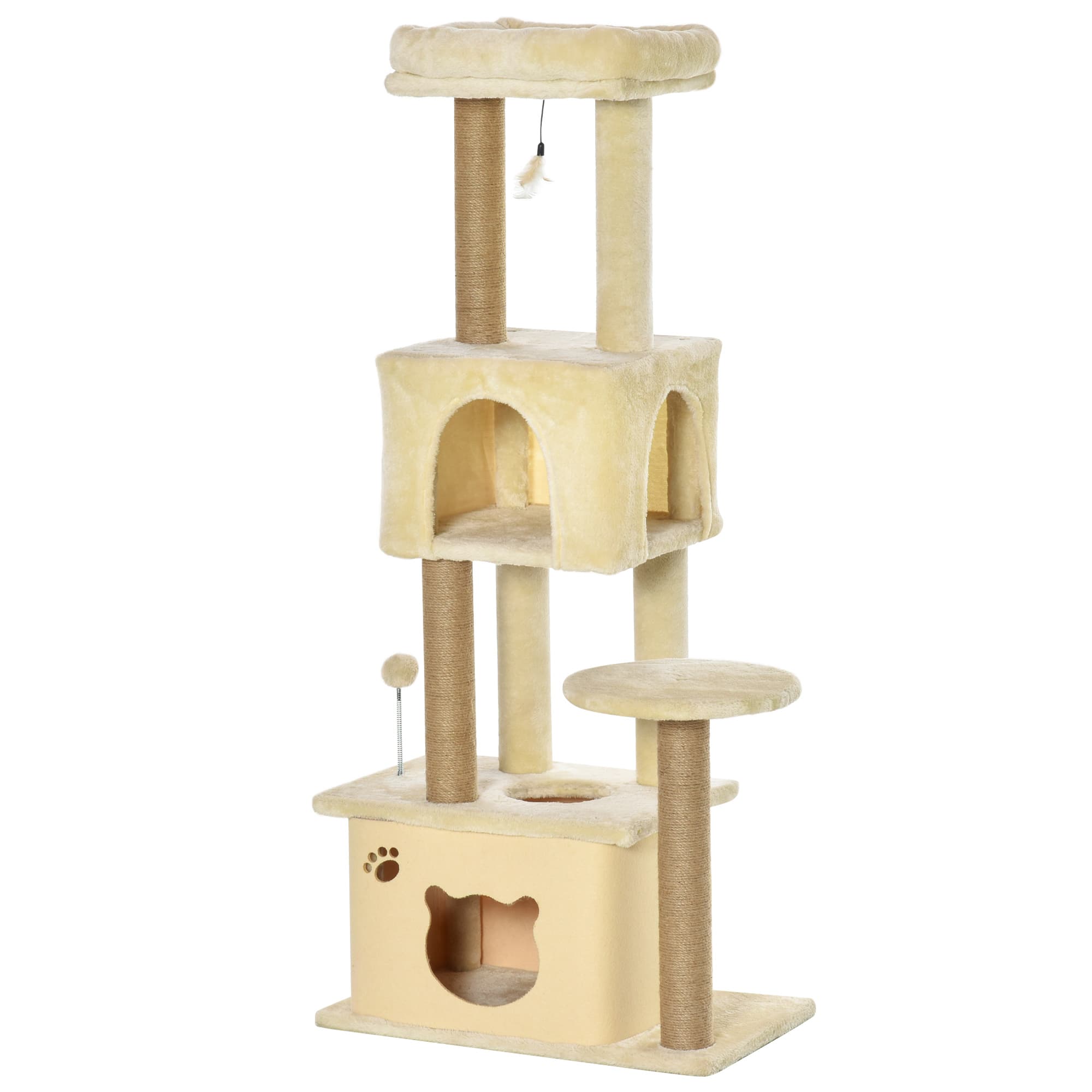 PawHut Arbre Griffoir pour Chats de 136 cm avec Niche Amovible, Maisonnette et Lit, Poteaux en Jute, Beige