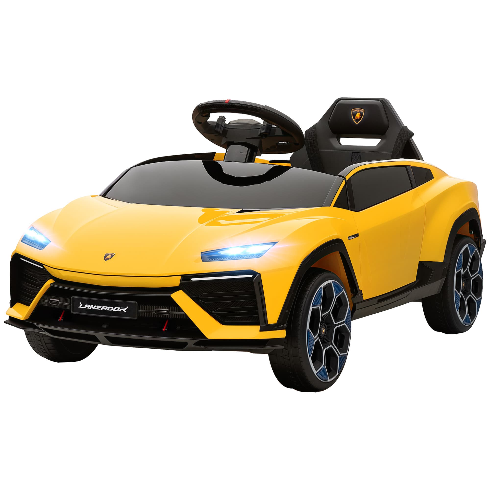 AIYAPLAY Voiture électrique pour enfants 12V avec télécommande 2,4 GHz, 2 moteurs, klaxon, LED, musique, 101,5 x 49 x 43 cm, jaune