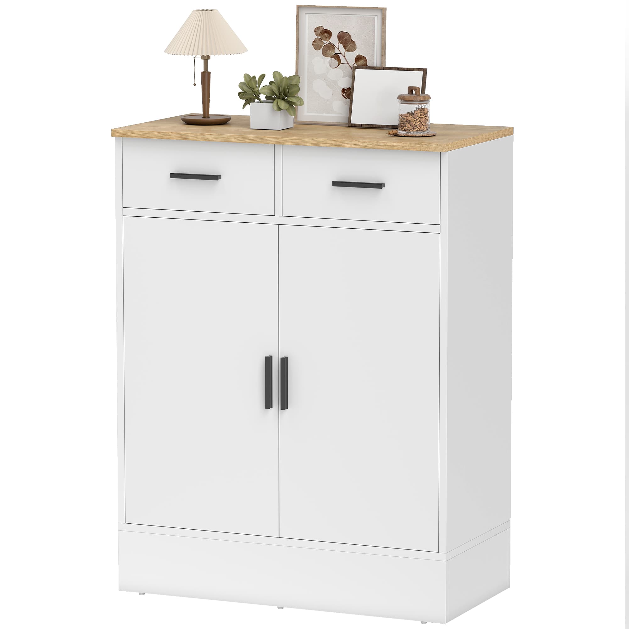 HOMCOM Buffet avec rangement, commode à 2 tiroirs, étagère réglable, pour cuisine, salon, couloir, bois naturel, blanc