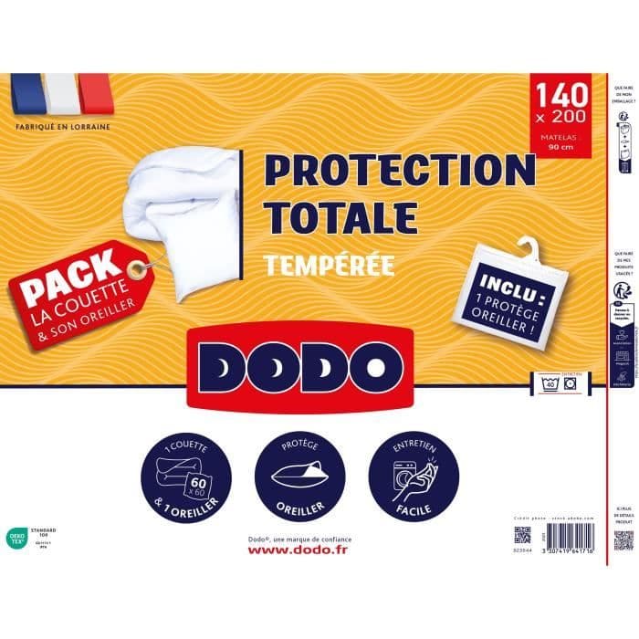 Pack Protection - Couette Tempérée 200x200 cm + 2 oreillers 60x60 cm + 2 proteges oreiller 60x60 cm - Blanc