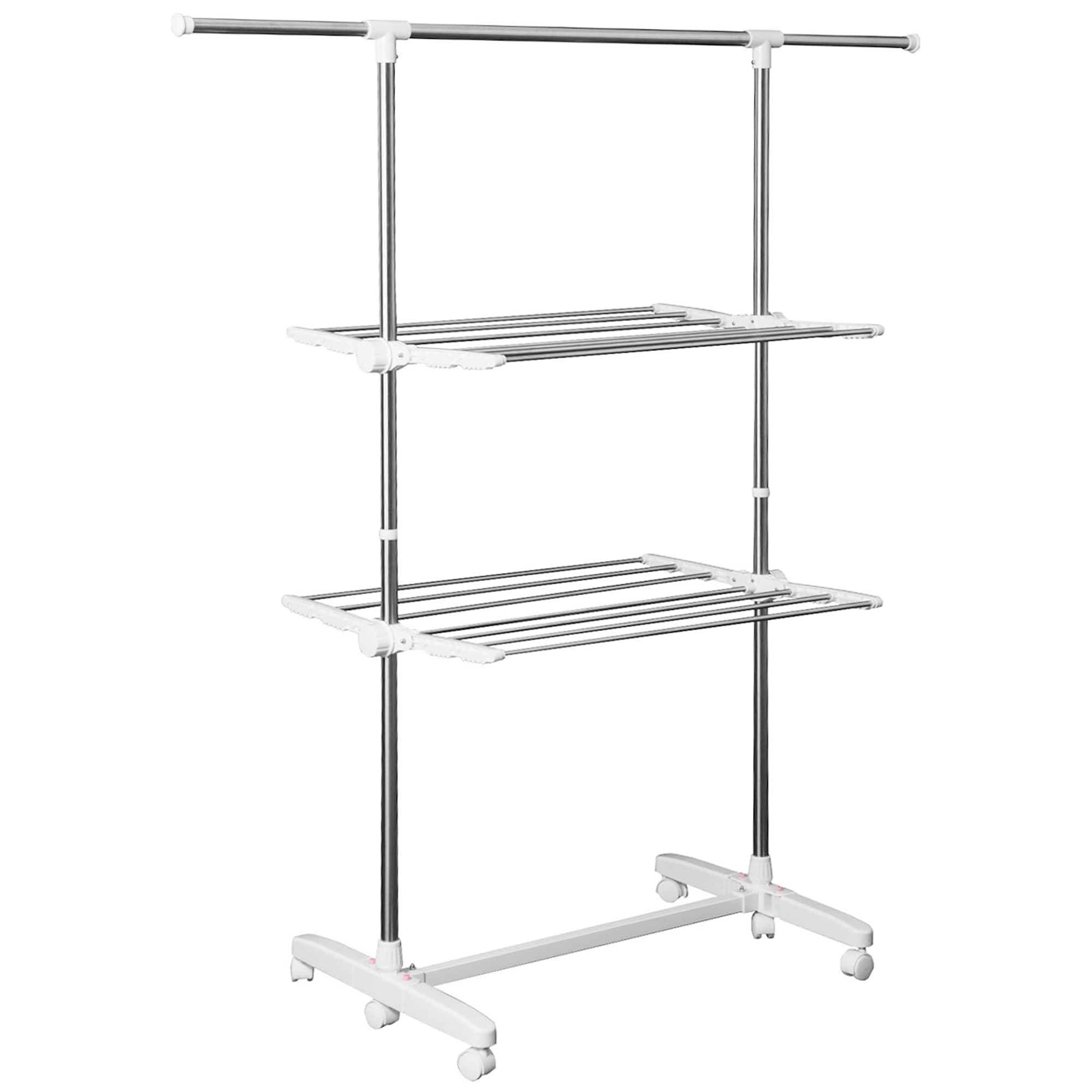 HOMCOM Séchoir à Linge Étendoir Intérieur/Extérieur Pliable, 4 Ailes Latérales Sur 2 Niveaux , Charge Max 15 Kg Blanc et Argent