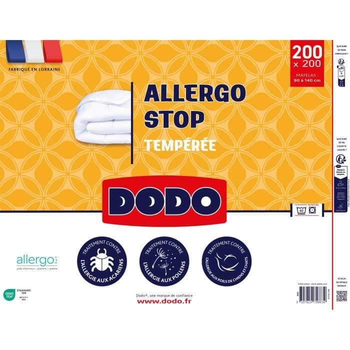 Couette Tempérée 300 gr/m2 - DODO - ALLERGO STOP - 200 x 200 cm - Blanc