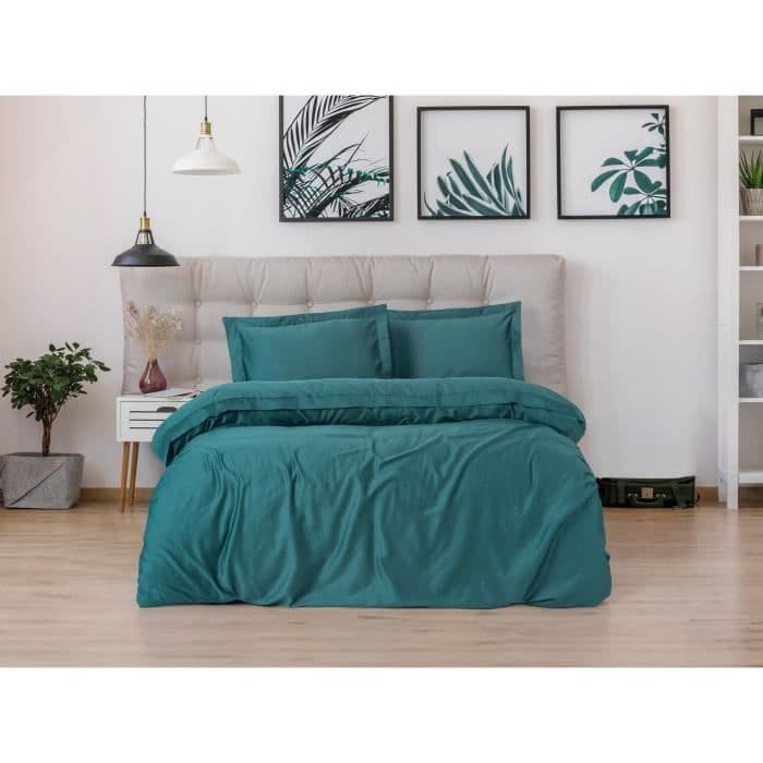 Parure de lit - 1 housse de couette 220 x 240 cm + 2 taies d'oreiller 60 x 60 cm - Satiné 100% coton - Bleu
