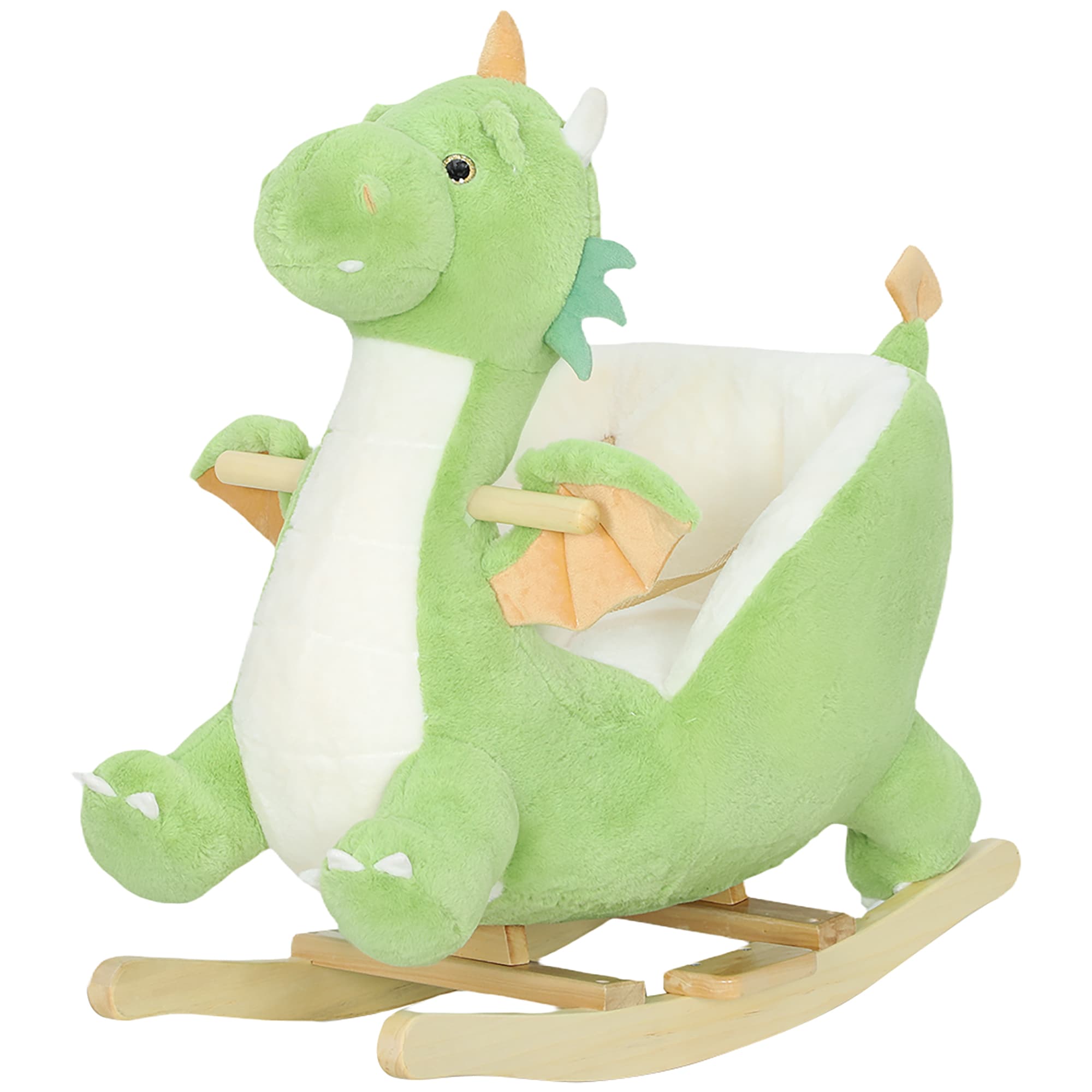 AIYAPLAY Cheval à bascule peluche Dragon — Base bois, son, harnais 3 points, 18–36 mois, Vert