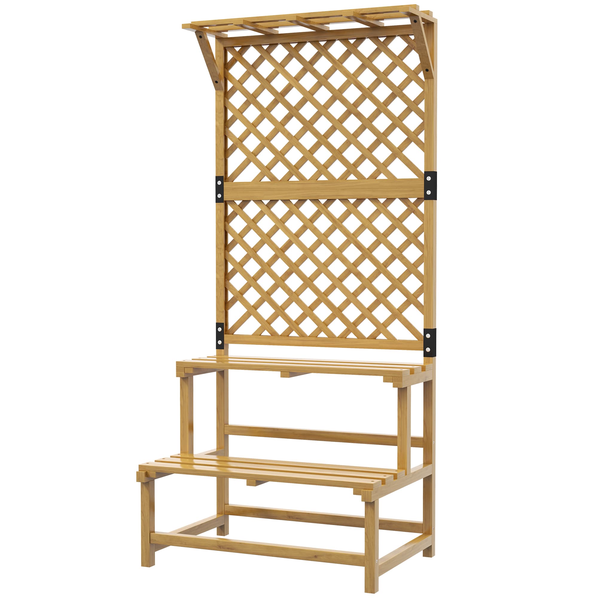 Outsunny Étagère-escabeau 2 niveaux avec treillis et toit — Bois de sapin, 75 x 50 x 166 cm, Jaune