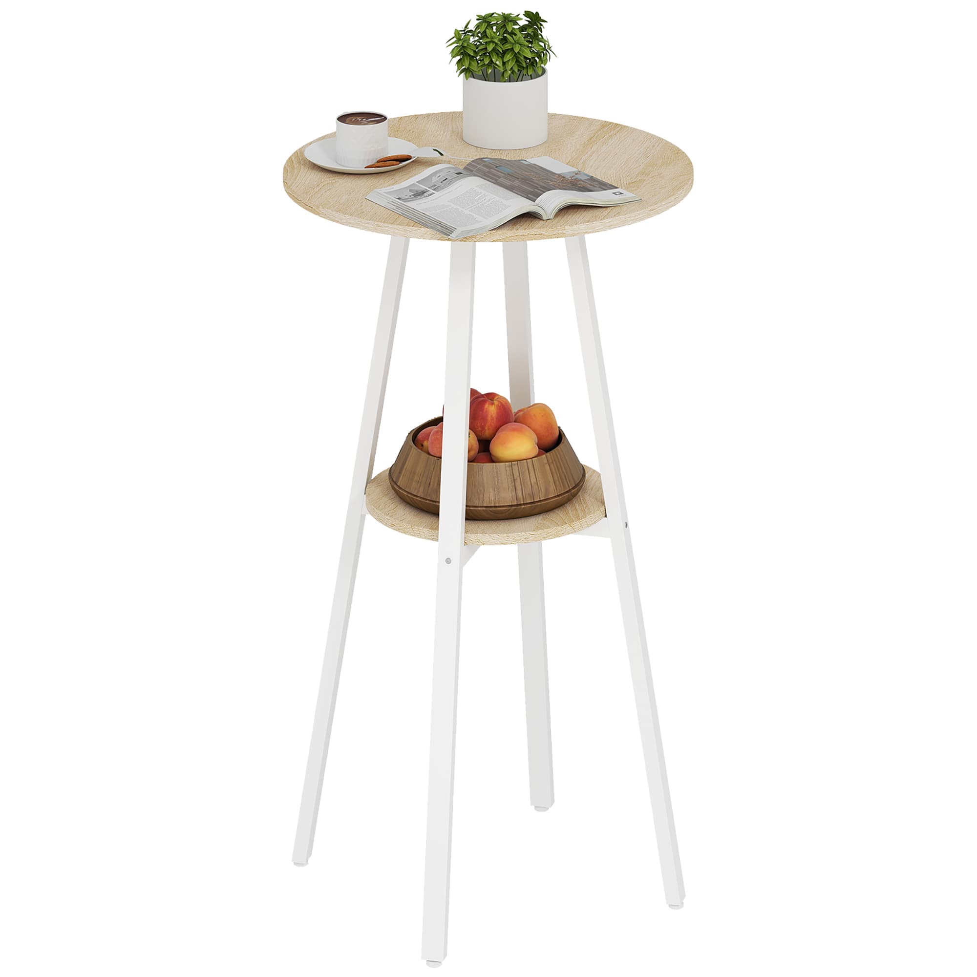 Table Haute Ronde avec Rangement HOMCOM – Ø55 x H95 cm, Bois Naturel/Blanc