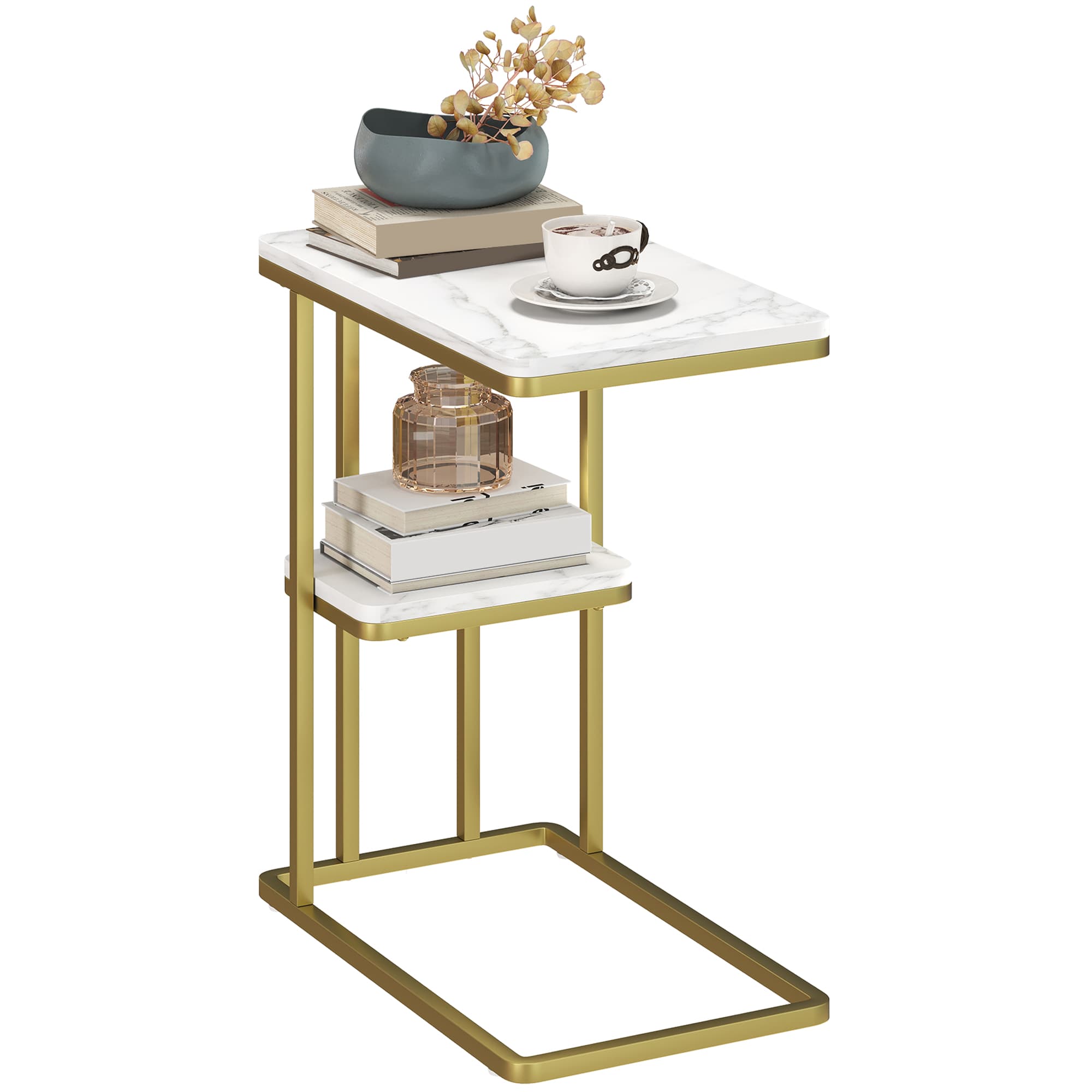 HOMCOM Table d'appoint Structure en C étroite avec étagère Table de chevet moderne 50x30x57,5 cm Blanc effet marbre