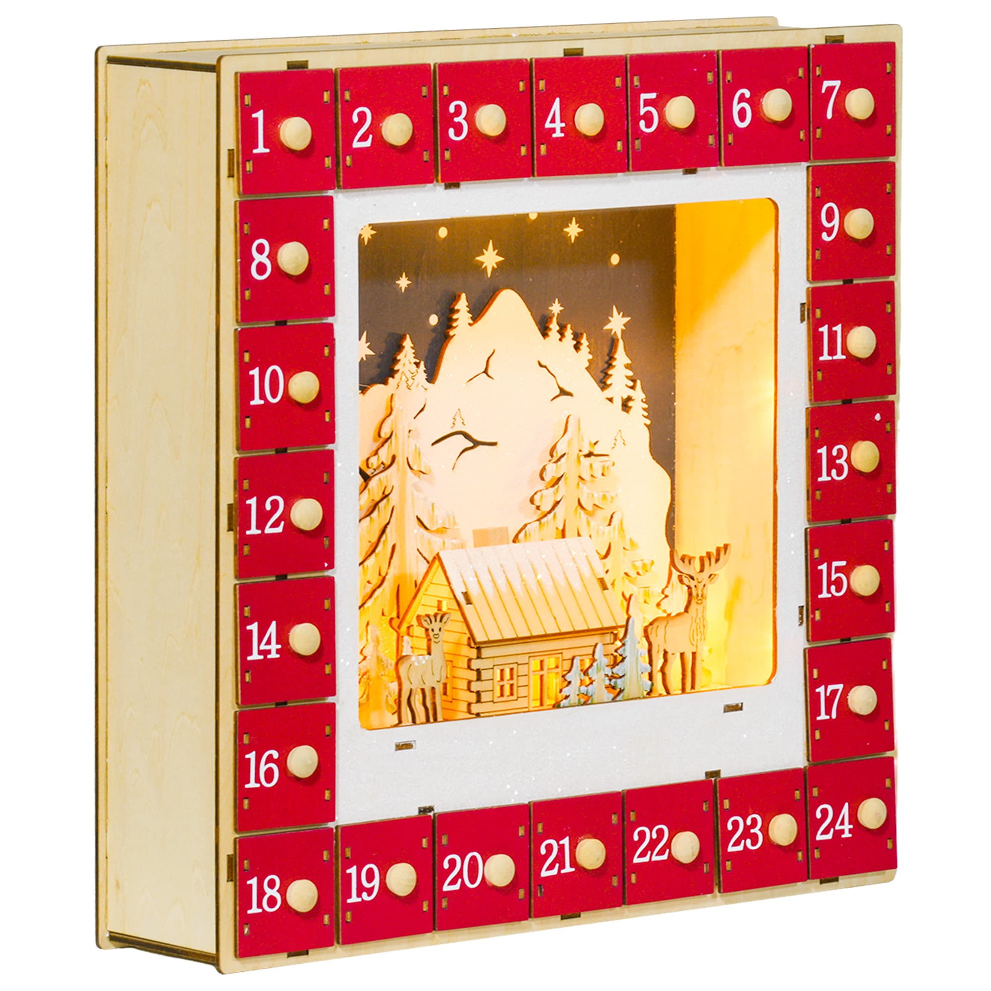 HOMCOM Calendrier de l'Avent LED, décorations de Noël en bois, 24 tiroirs à remplir, décoration lumineuse, rouge