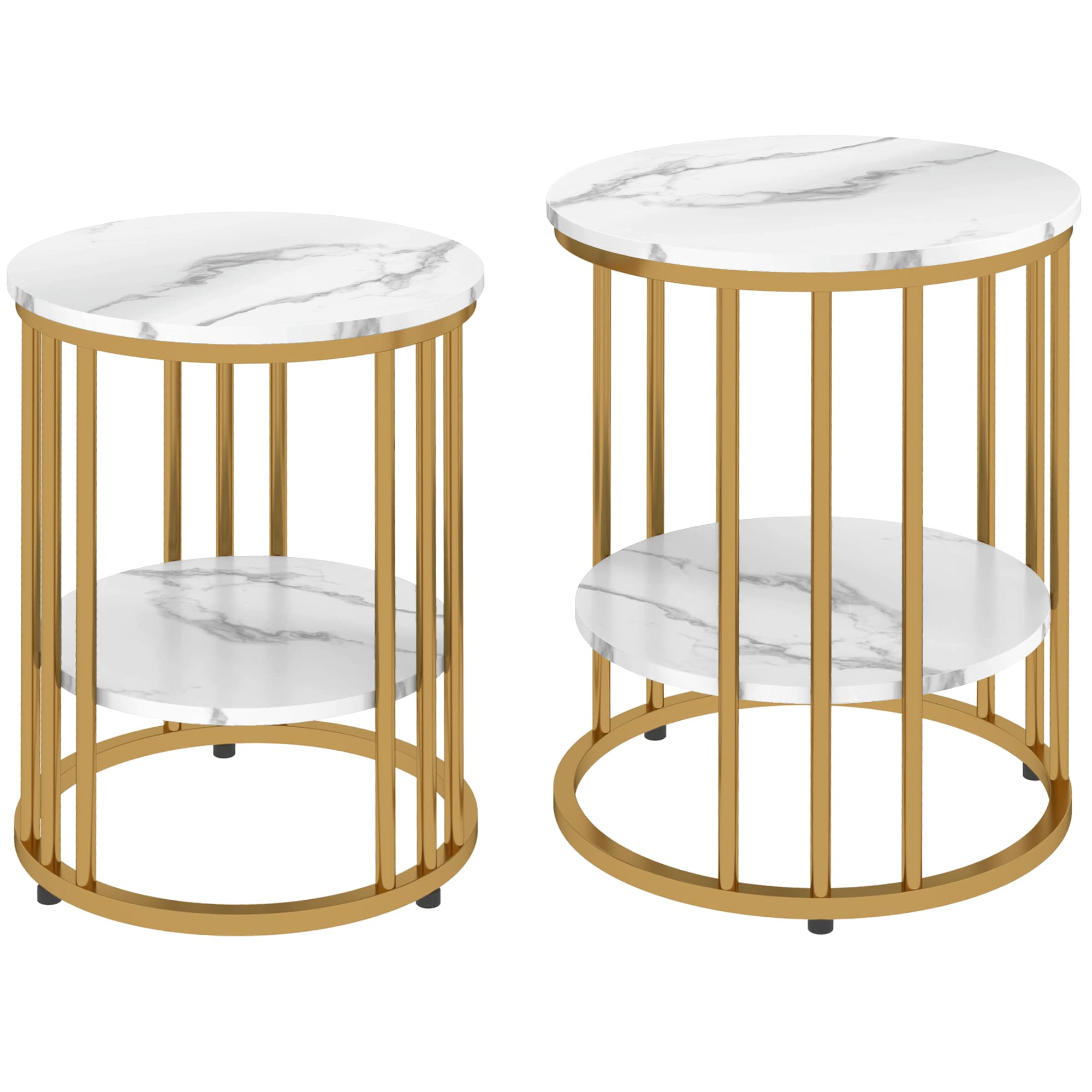 HOMCOM Lot de 2 tables basses rondes tables de salon effet marbre avec étagère de rangement ouverte et cadre en acier or
