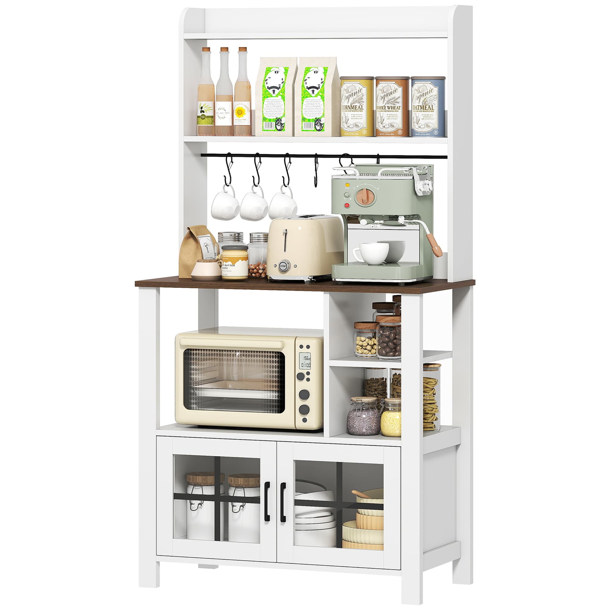 HOMCOM Armoire de Cuisine avec 6 Crochets pour Tasses 2 Portes en Verre Étagères Ouvertes 80x40x152 cm Blanc