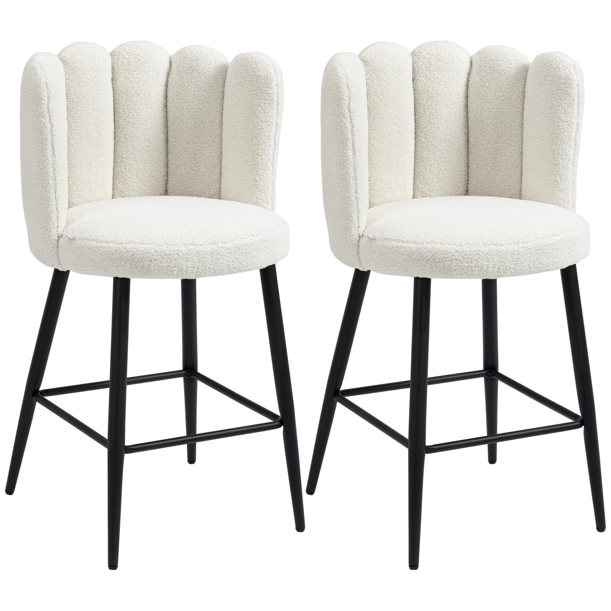 HOMCOM Lot de 2 chaises hautes tabourets de bar avec repose-pieds acier tissu effet laine bouclée hauteur 65 cm crème noir