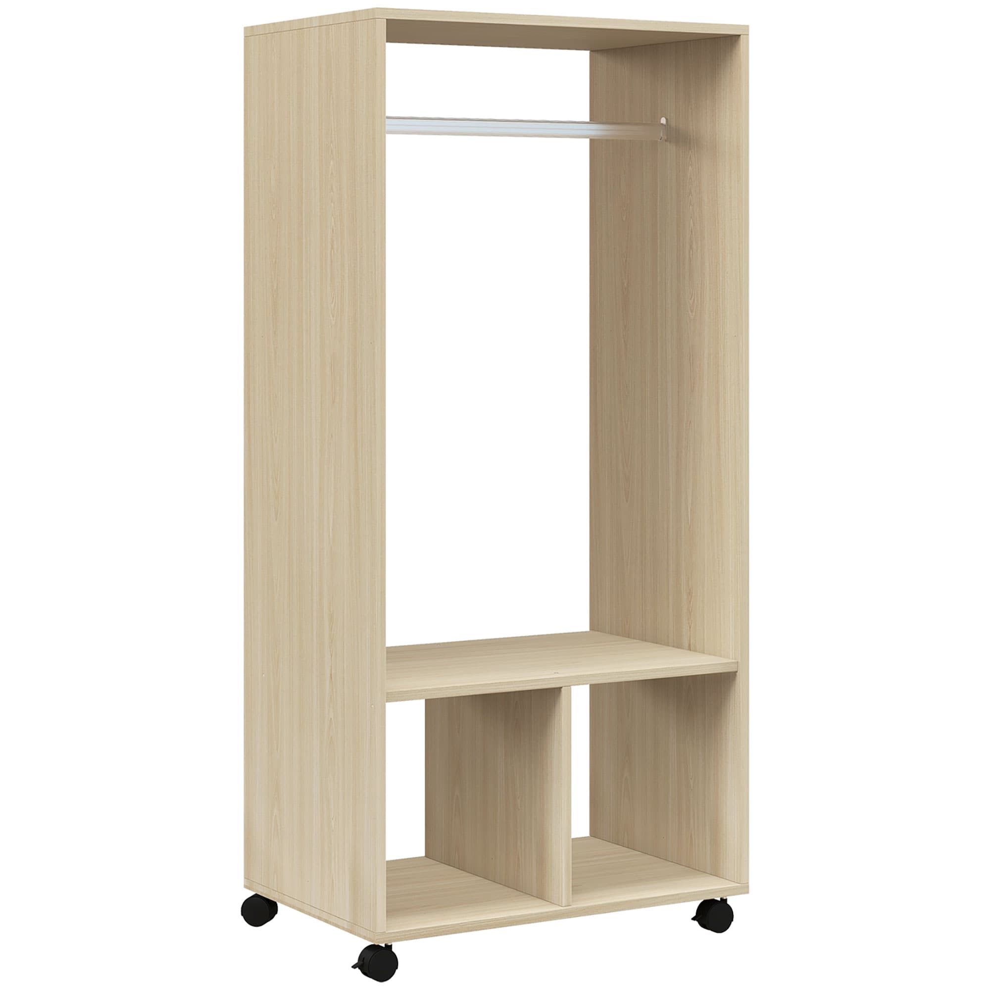 HOMCOM Armoire penderie étagère 2 niches penderie 4 roulettes pivotantes dim. 60L x 40l x 128H cm bois naturel