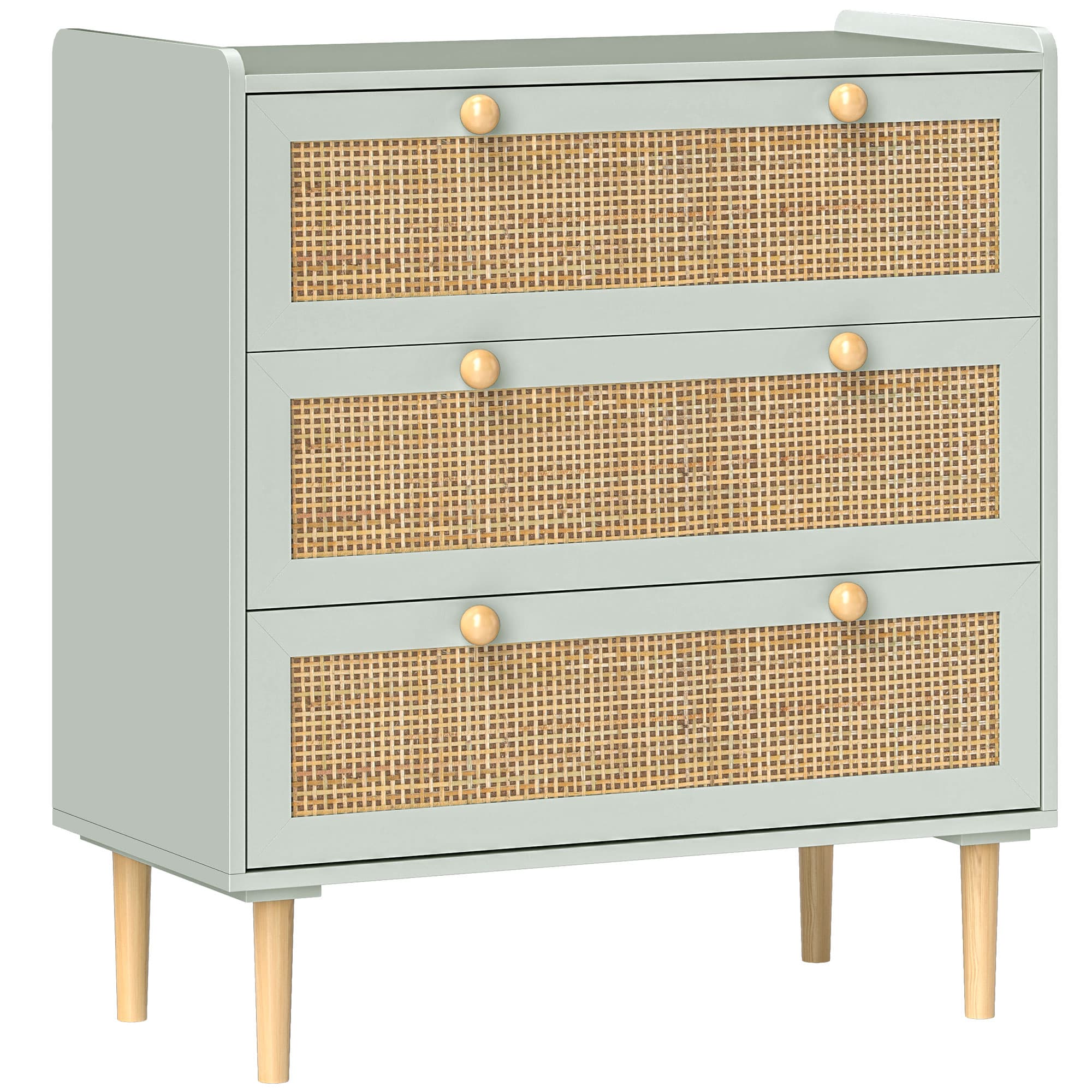 HOMCOM Commode design bohème en rotin avec 3 tiroirs, meuble de rangement pour le salon, le couloir, l'entrée, bleu clair