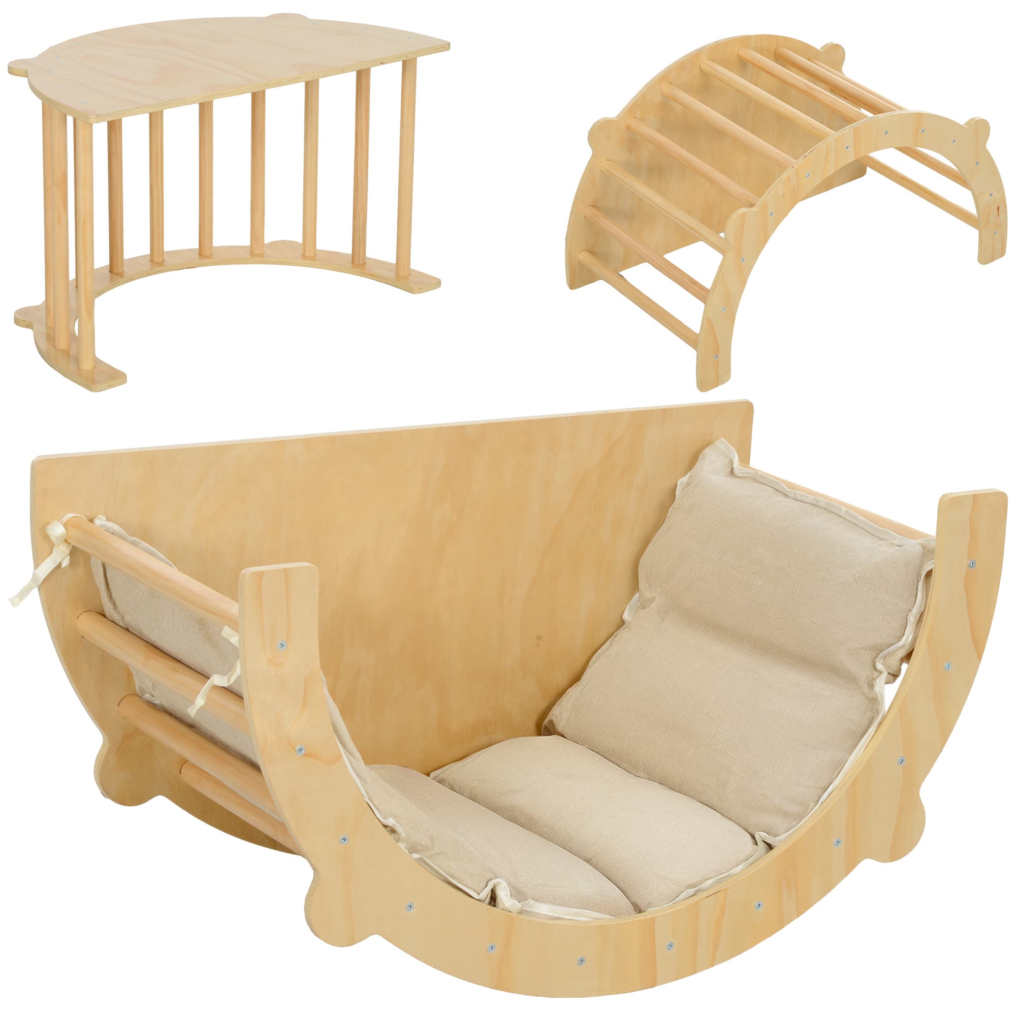 AIYAPLAY 3 en 1 Arche d'escalade fauteuil à bascule et table de jeu coussin, en bois naturel, pour enfants de 18 à 48 mois