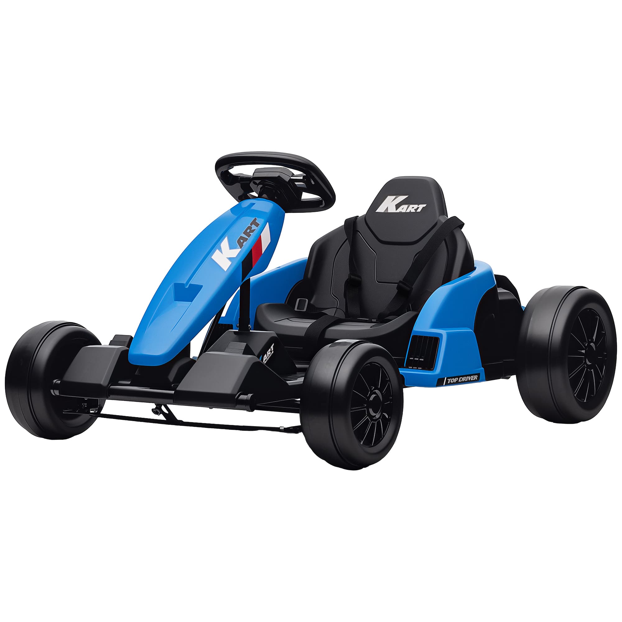 AIYAPLAY Kart électrique 24V, mode Drift, siège réglable, harnais de sécurité 5 points, fonction musique, klaxon, 6-12 ans Bleu