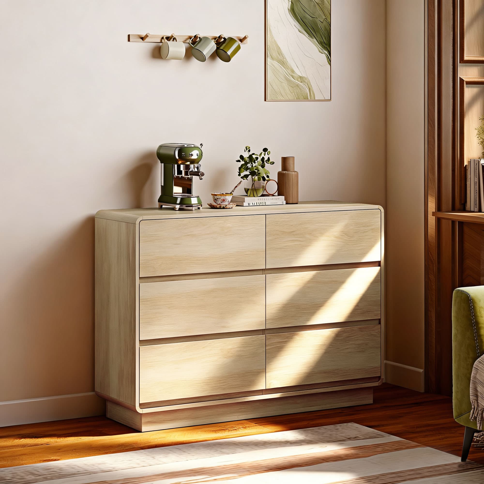 HOMCOM Buffet 6 tiroirs bords arrondis pour salon cuisine entrée bureau 120x38x86 cm Naturel