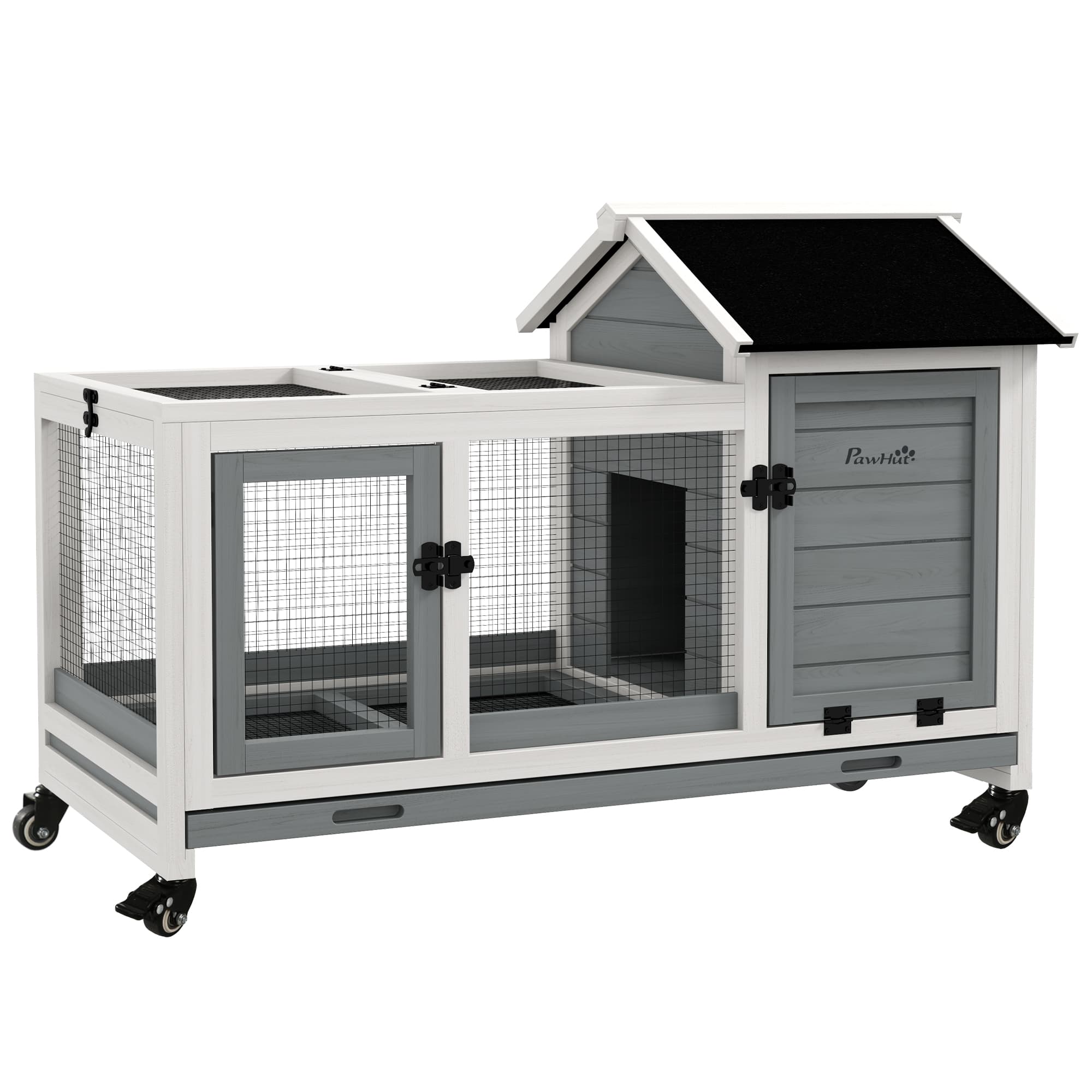PawHut Cage à lapin extérieur Clapier cage à lapins rongeurs sur roulettes 2 portes verrouillables - dim. 108L x 58l x 73,5H cm - bois massif