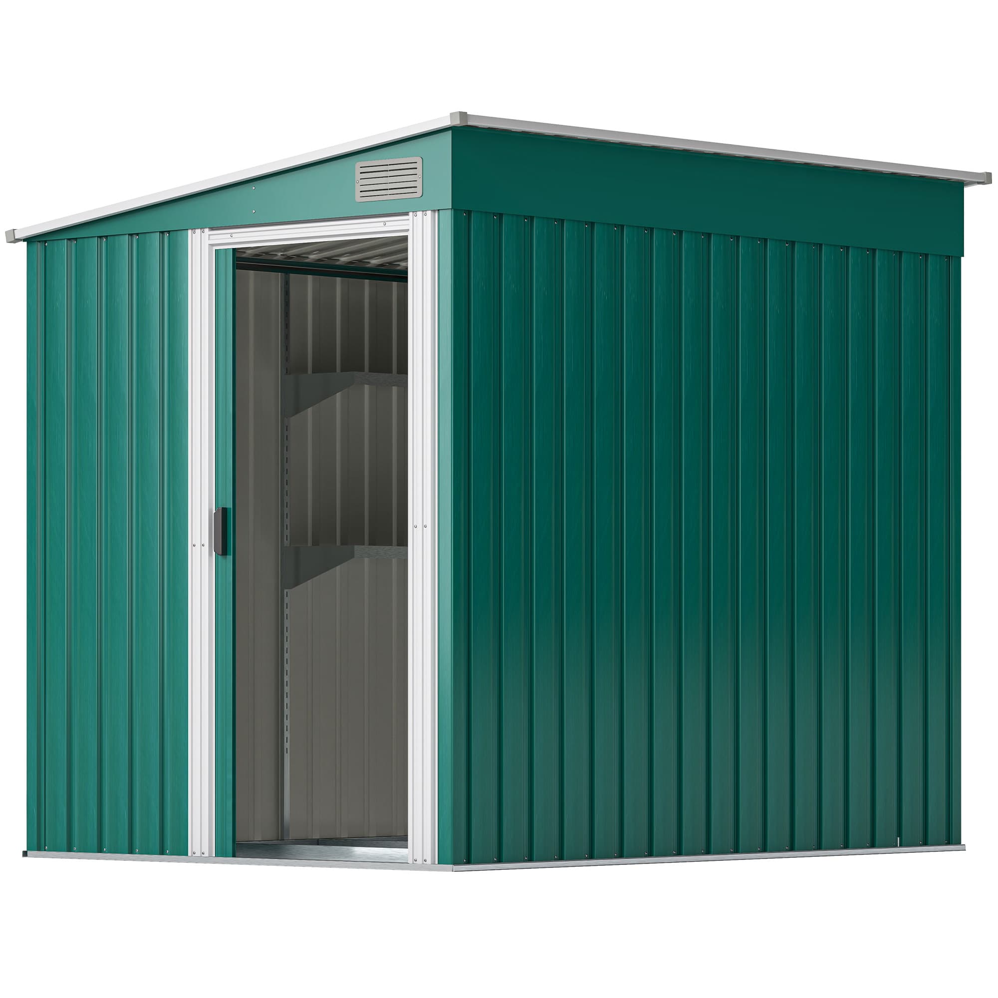 Outsunny Abri à Outils Métallique 1.5x2m avec Base, Porte Coulissante et Toit Incliné, Vert
