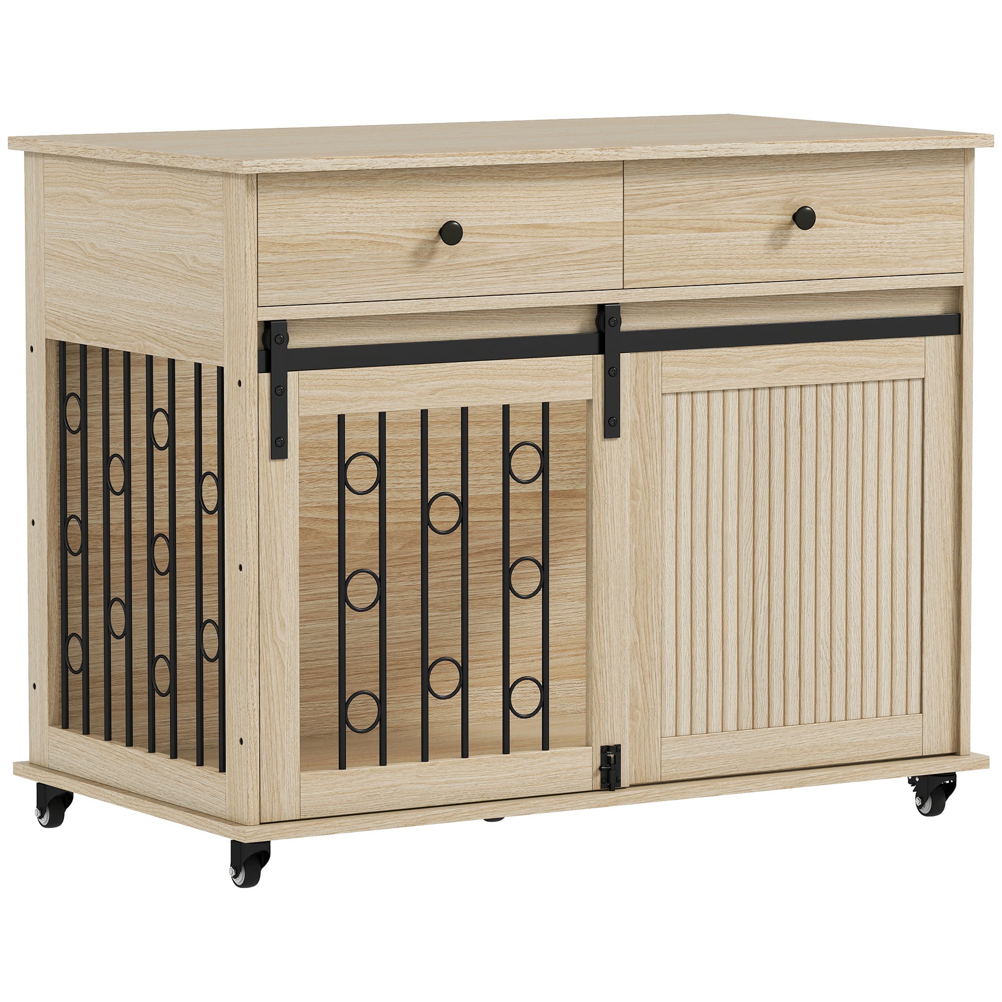 PawHut Caisse pour chien sur roulettes, 2 portes, 2 tiroirs, pour chiens moyens et grands, bois, acier