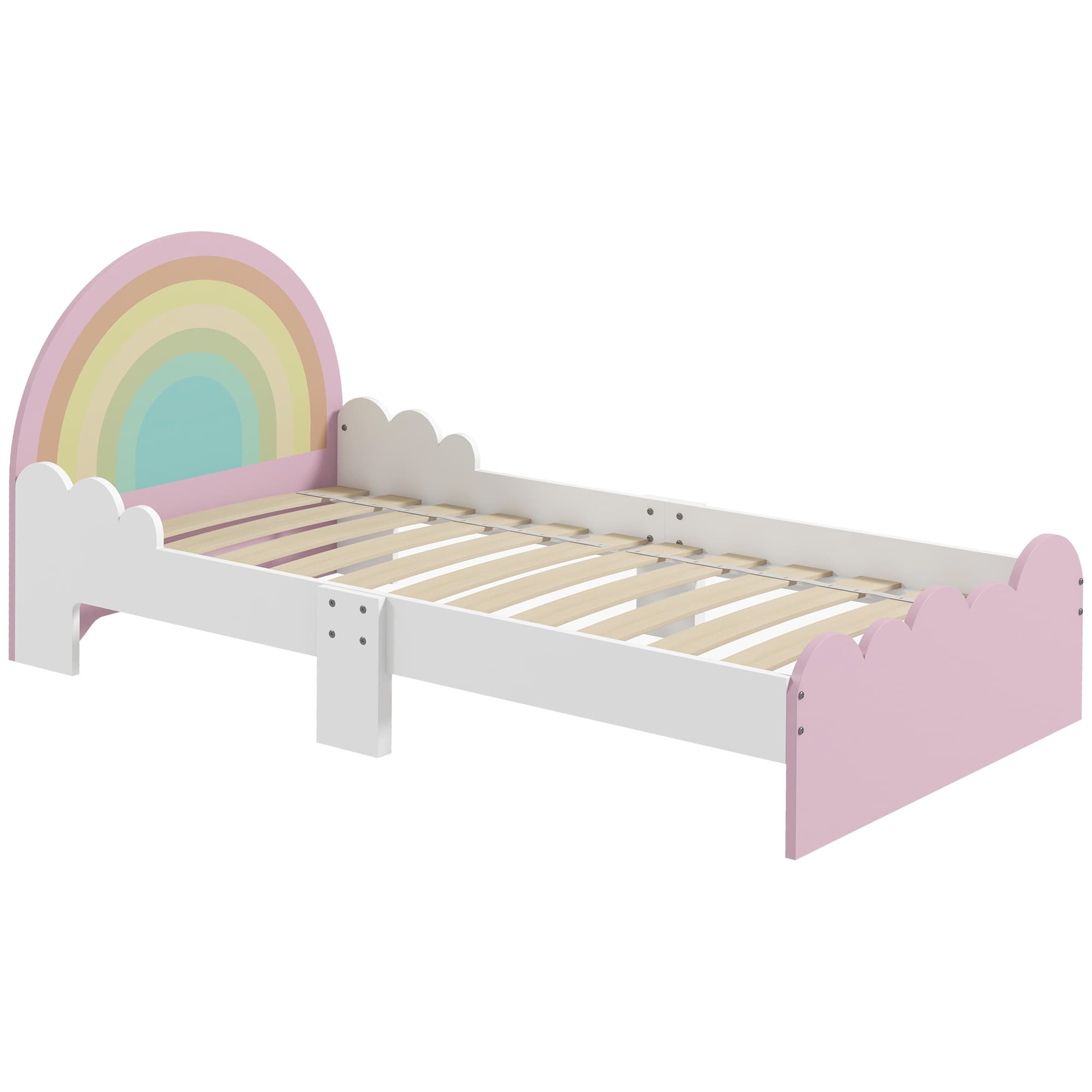 ZONEKIZ Lit pour enfants de 3 à 6 ans 143 x 74 x 66 cm design arc-en-ciel sommier à lattes inclus chambre moderne rose