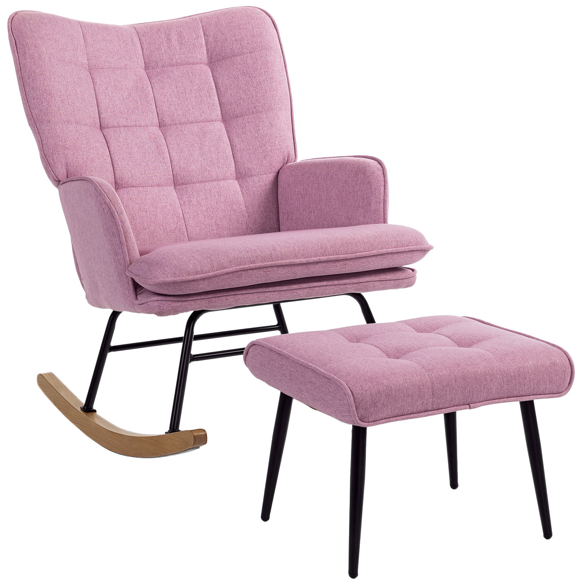 HOMCOM Fauteuil à bascule avec repose-pieds, coussin rembourré, accoudoirs, dossier haut, pieds en bois, charge 130 kg, rose