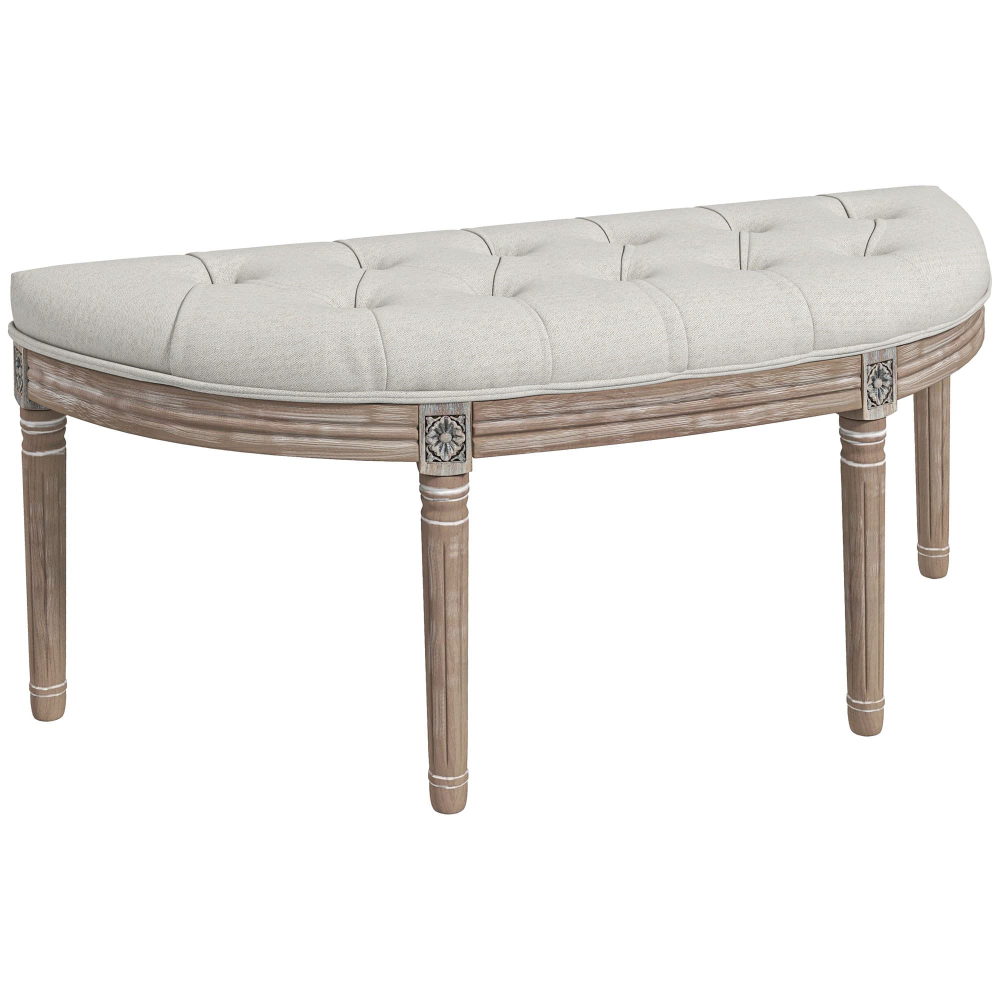HOMCOM Banc Bout de Lit Demi-Lune Style Louis XVI en Bois Sculpté et Tissu Lin Crème Aosom France