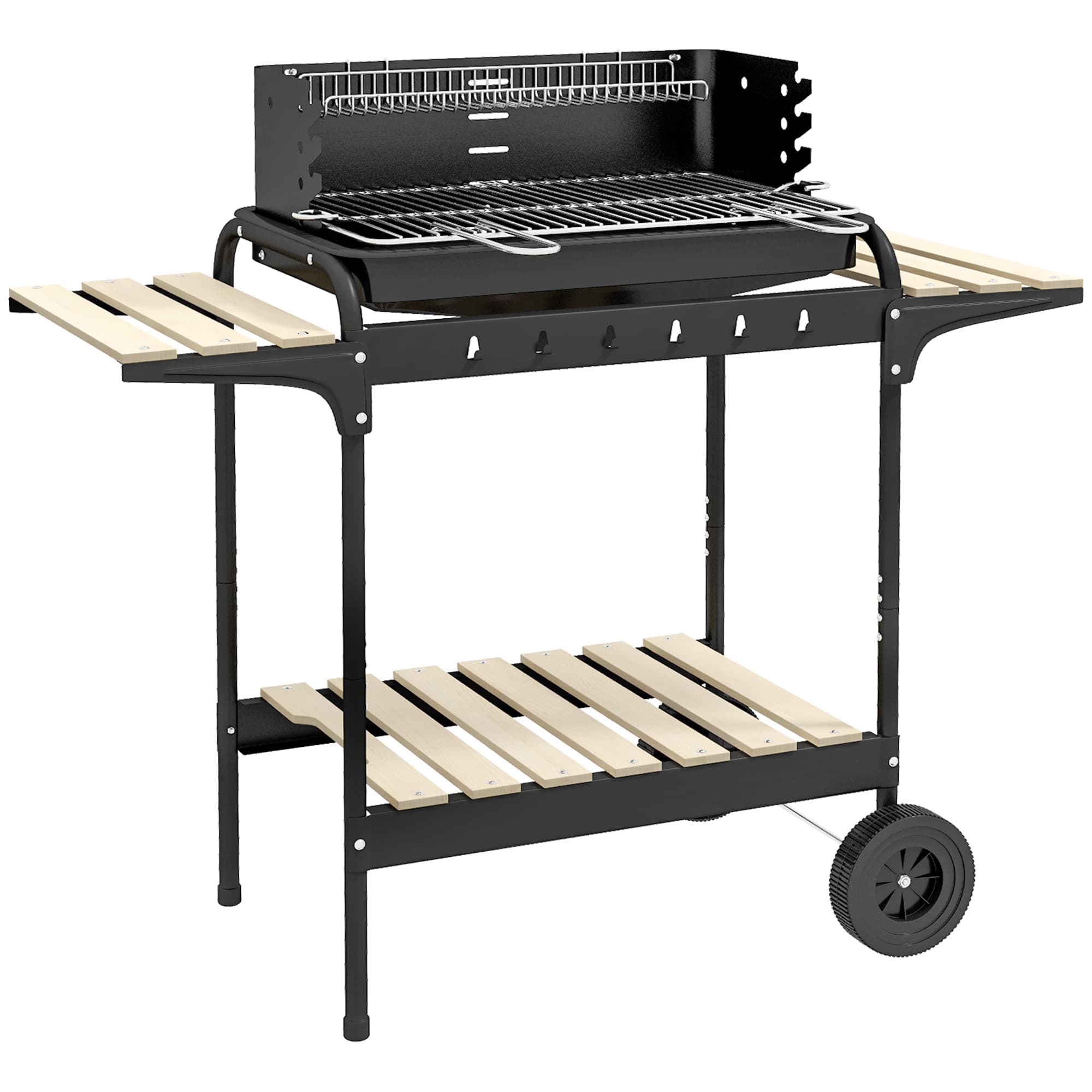 Outsunny Barbecue à charbon BBQ grill sur pied avec gril réglable 2 roues et 3 étagères récupérateur de cendres noir