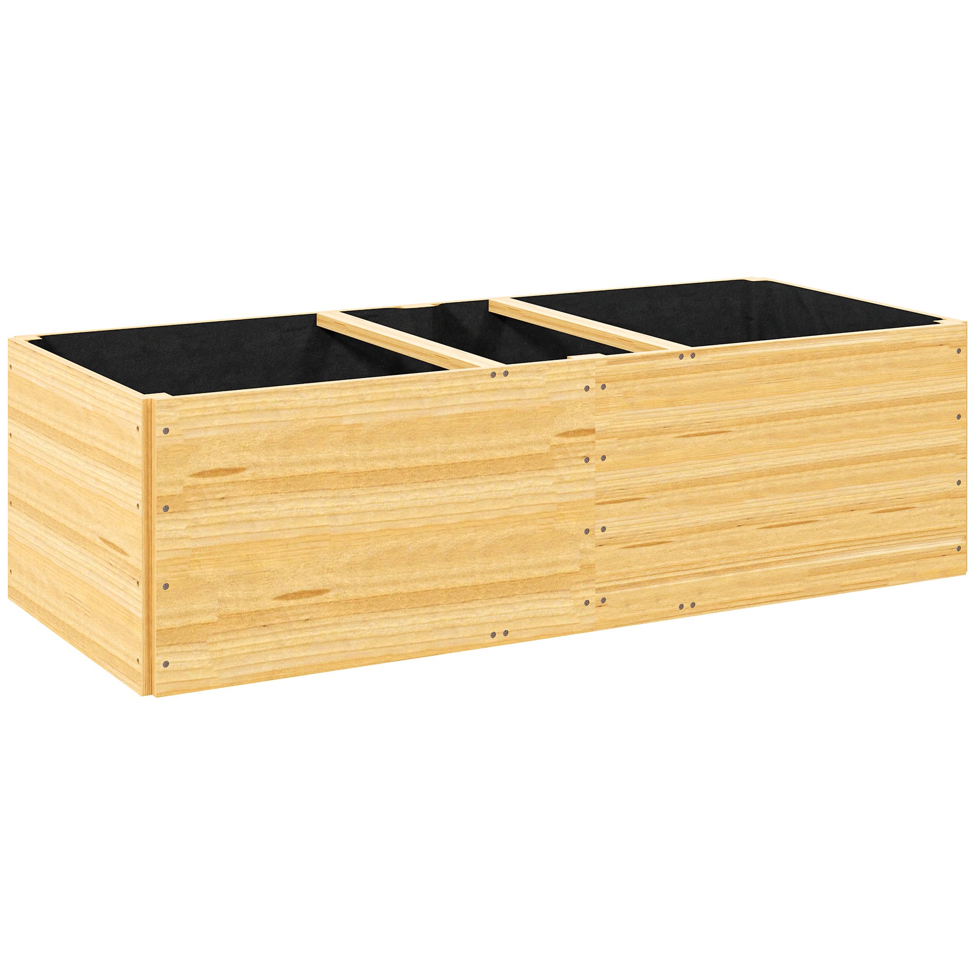 Outsunny Jardinière extérieur, carré potager en bois, 3 compartiments de plantation et doublure inclus, 140x60x40cm, naturel