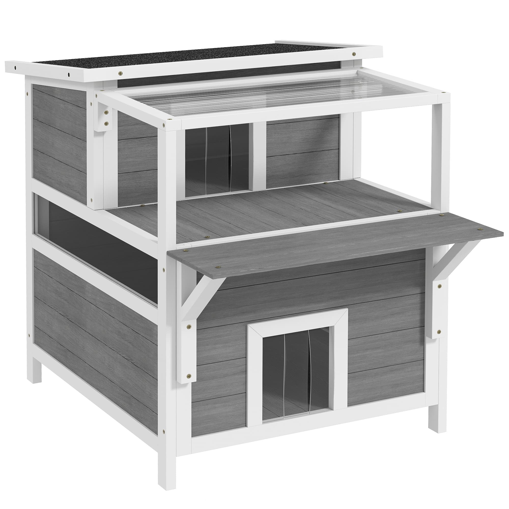 PawHut Maison pour Chat à 2 Étages avec Balcon, Cabane pour Chat Résistante aux Intempéries, Protection contre la Pluie et le Soleil, Gris Clair
