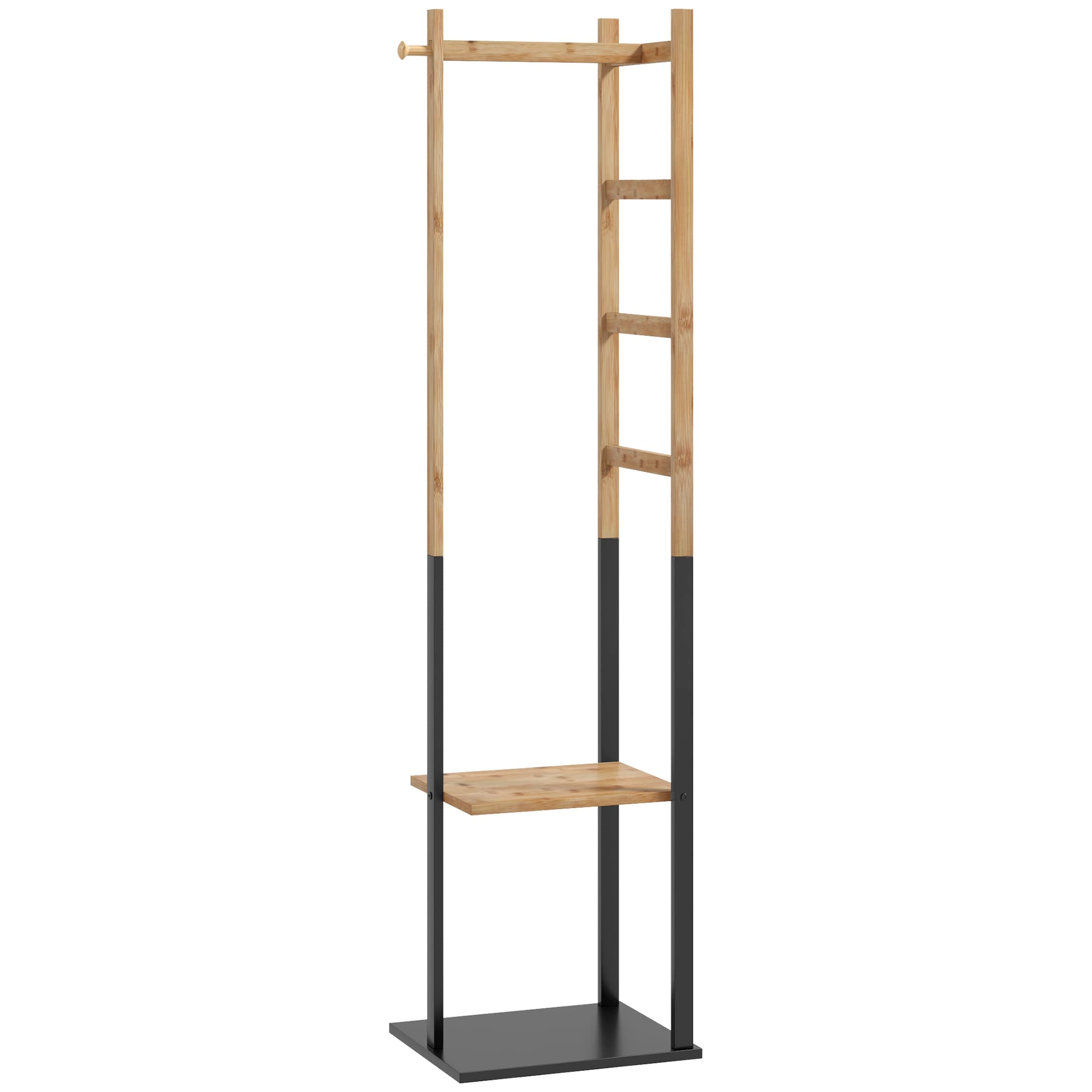 HOMCOM Portant pour vêtements en bambou, Porte-manteau en Bois avec tringle, étagères, patère, 4 barres latérales