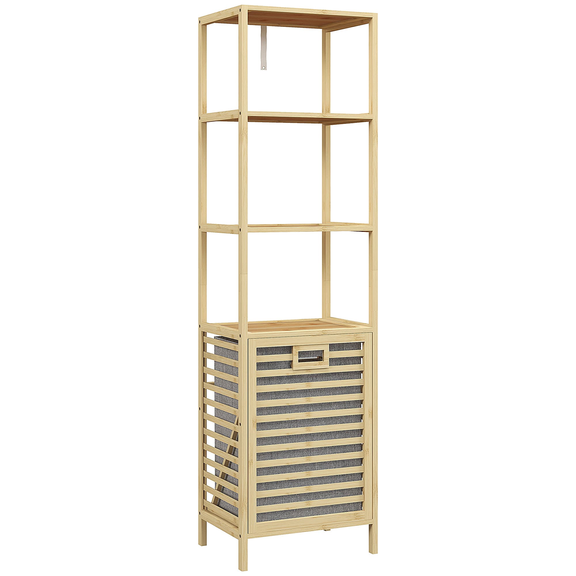 HOMCOM Etagère de rangement pour salle de bain en bambou avec 3 étagères et 1 panier à linge amovible 44L x 33l x 160H cm