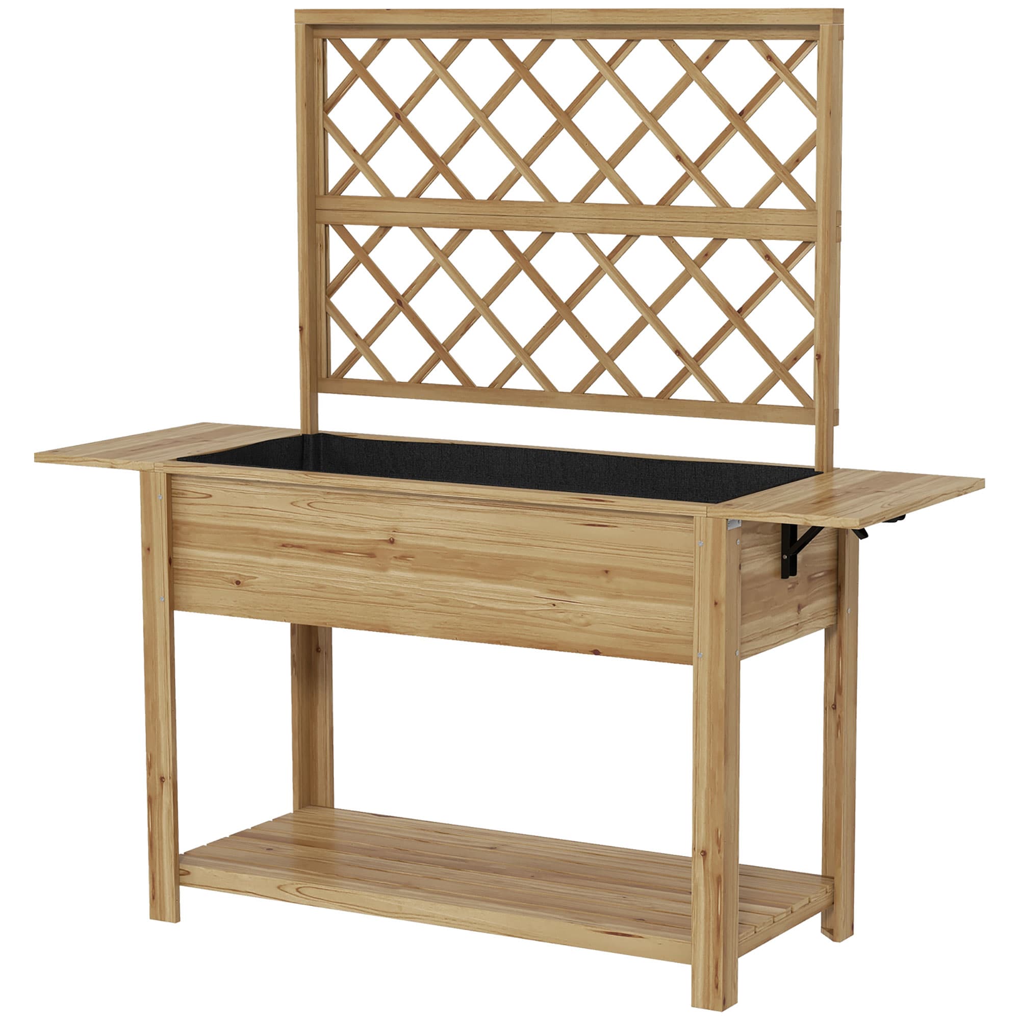 Outsunny Jardinière rectangulaire sur pieds avec treillis 2 tablettes latérales rabattables 1 étagère inférieure bois