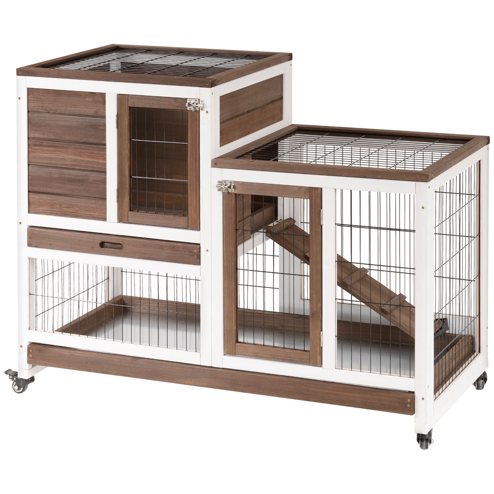 PawHut Clapier à lapin sur roulettes cage à lapin 2 étages 2 portes verrouillables 2 plateaux coulissants rampe