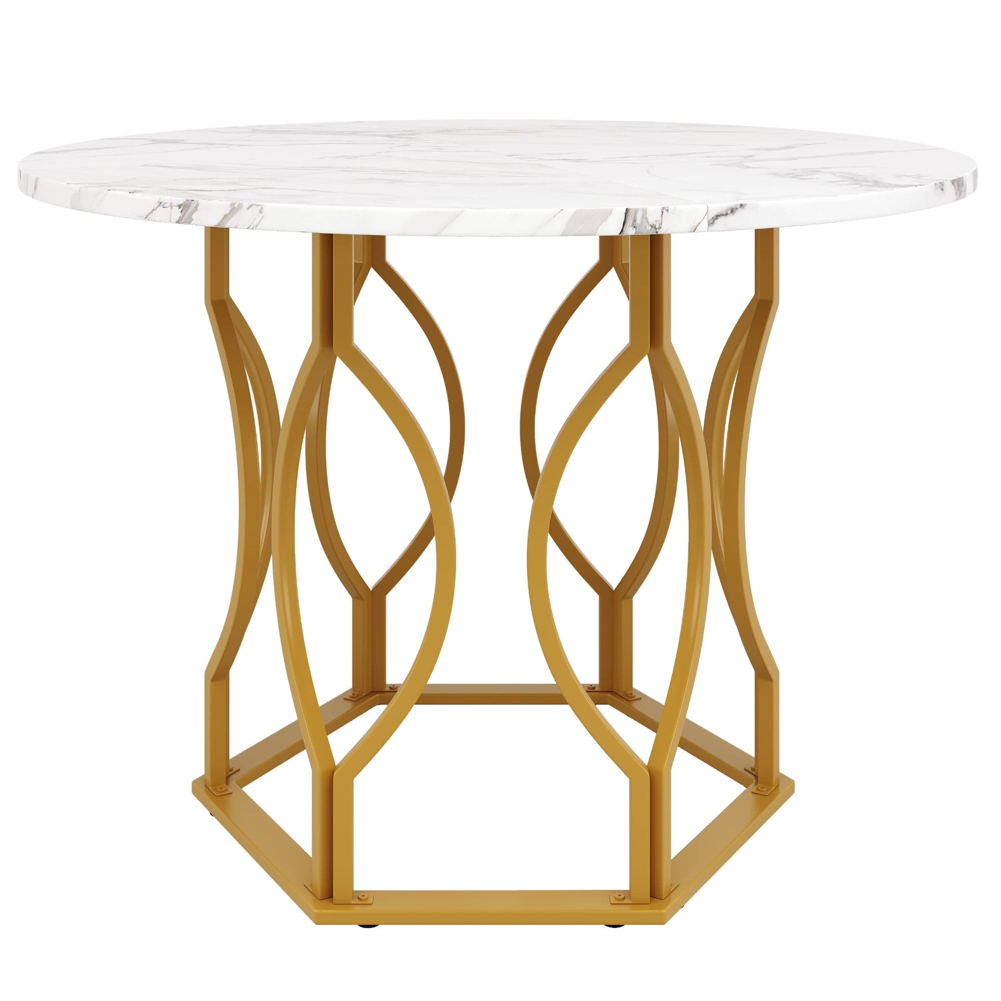 Table ronde pour 4 personnes, plateau en MDF et pieds en métal, 100x100x76 cm, Blanc+Or
