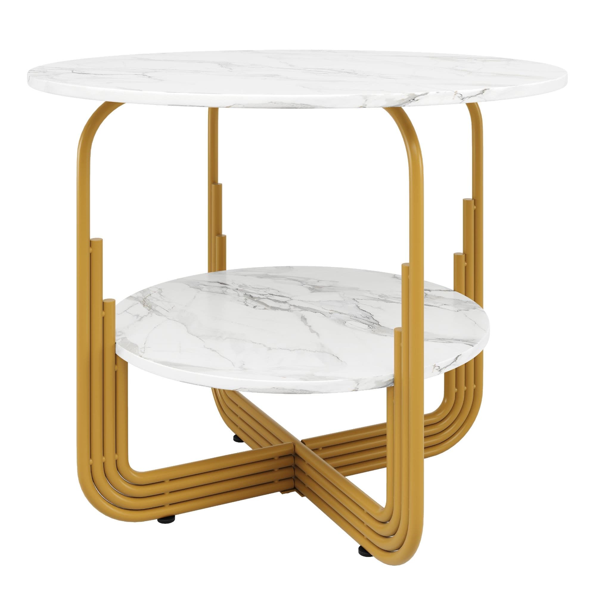 Table à manger ronde pour 4 personnes, plateau en MDF avec rangement inférieur, 80x80x76 cm, Blanc+Or