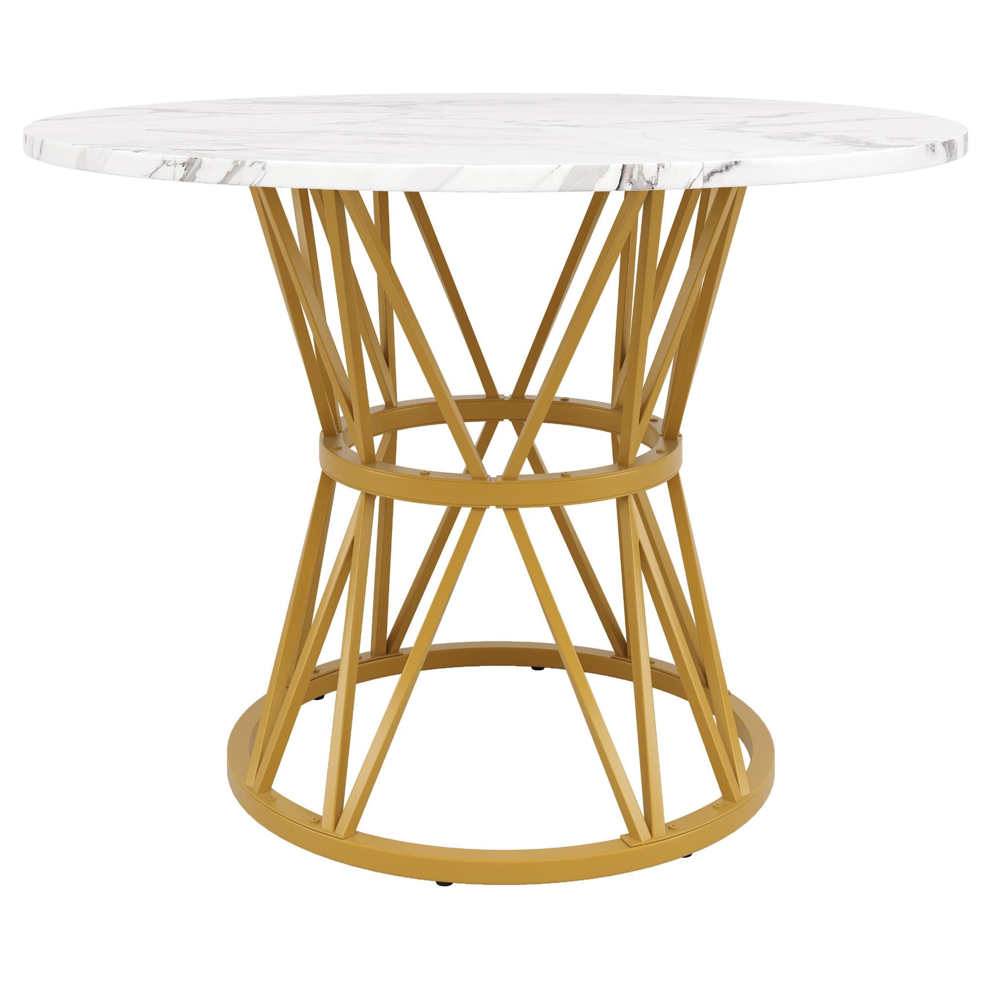 Table à manger ronde pour 4 personnes, pieds de table design en métal, plateau en MDF, 100x100x76 cm, Blanc+Or