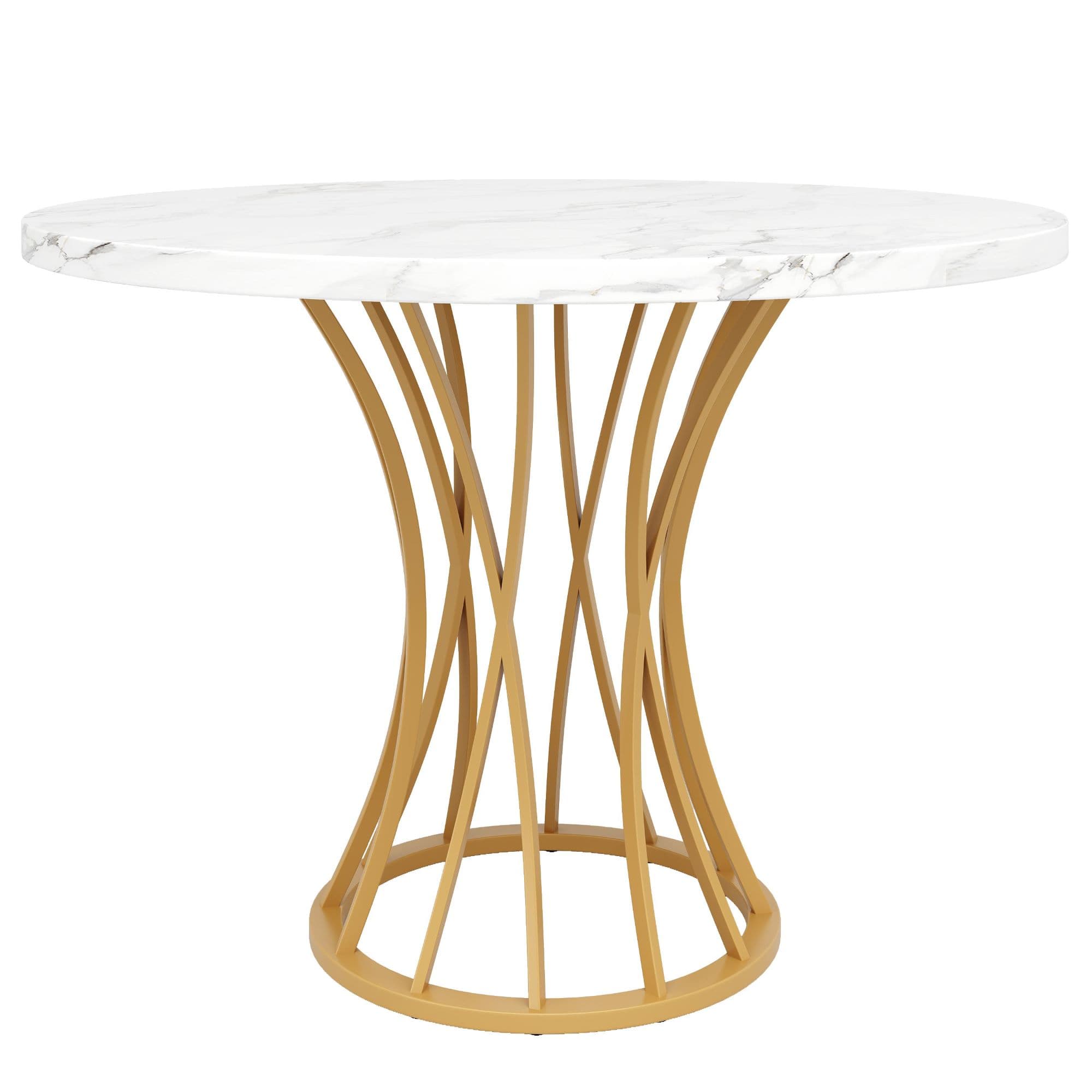 Table à manger ronde pour 4 personnes, plateau en MDF, 80x80x76 cm, Blanc+Or