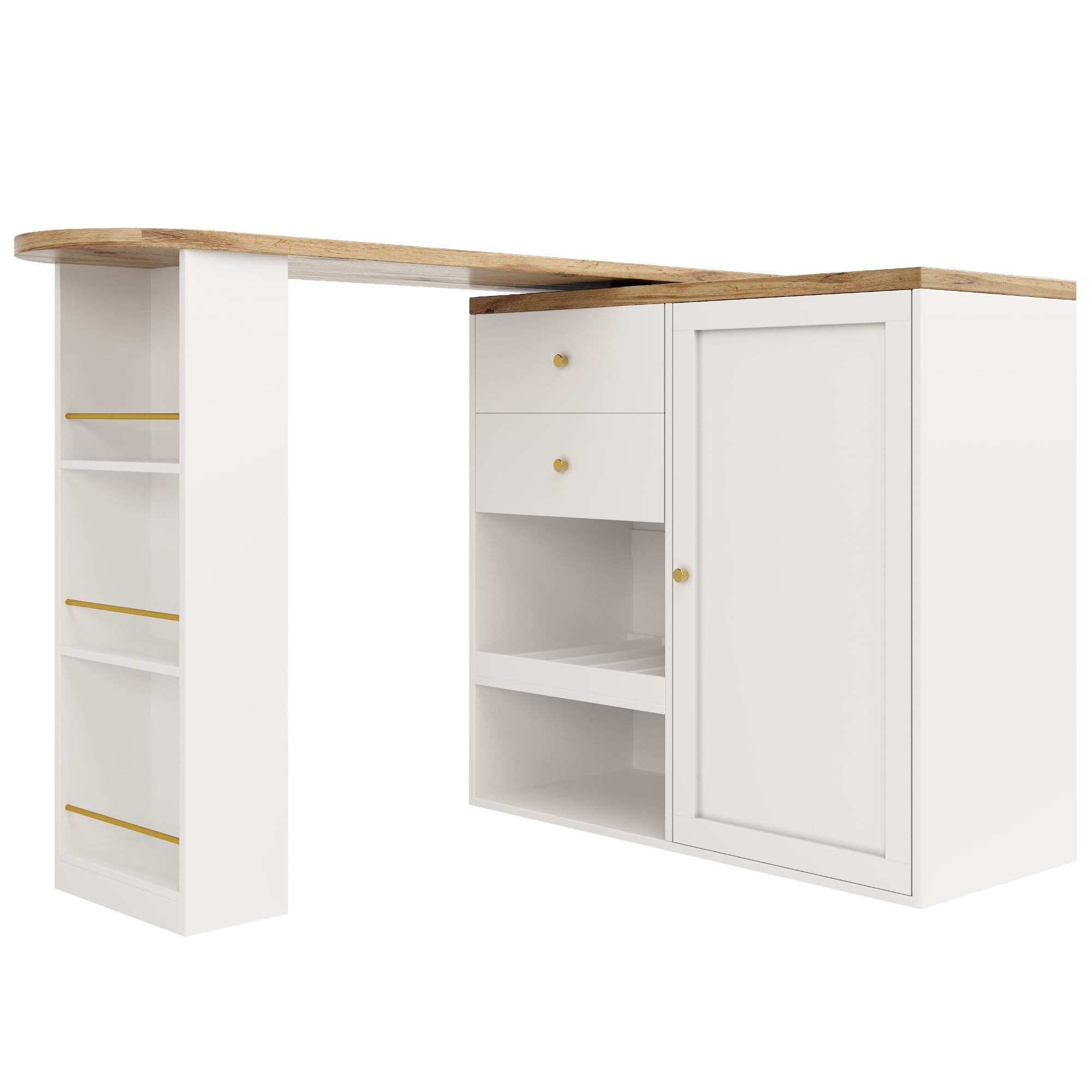 Table de bar pivotante à 360° avec 2 tiroirs et armoire à porte coulissante, 3 niveaux de rangement ouvert, Blanc