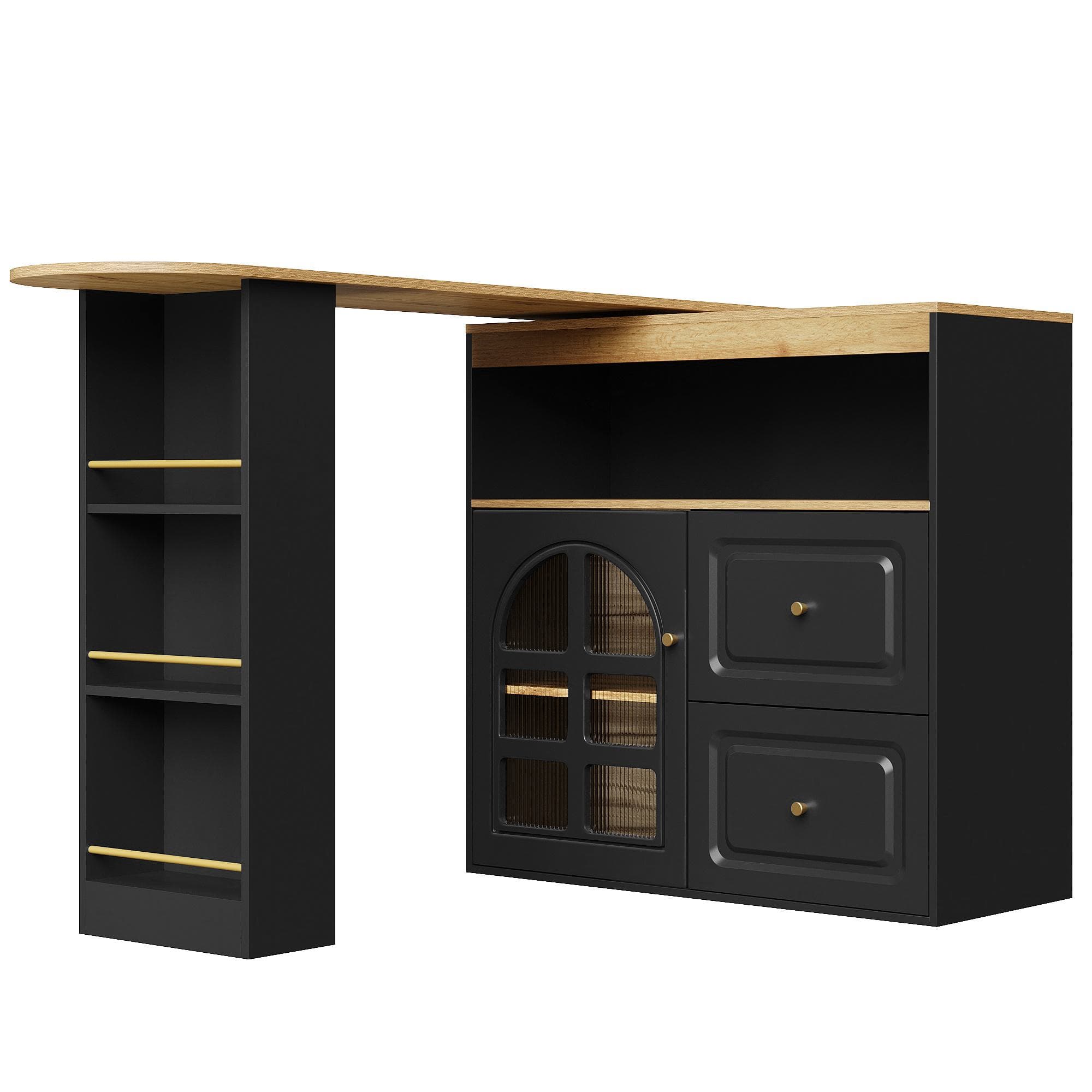 Buffet pivotant 360°, avec 2 tiroirs, étagère à snacks, verre cintré, 138-204x39x104 cm, Noir