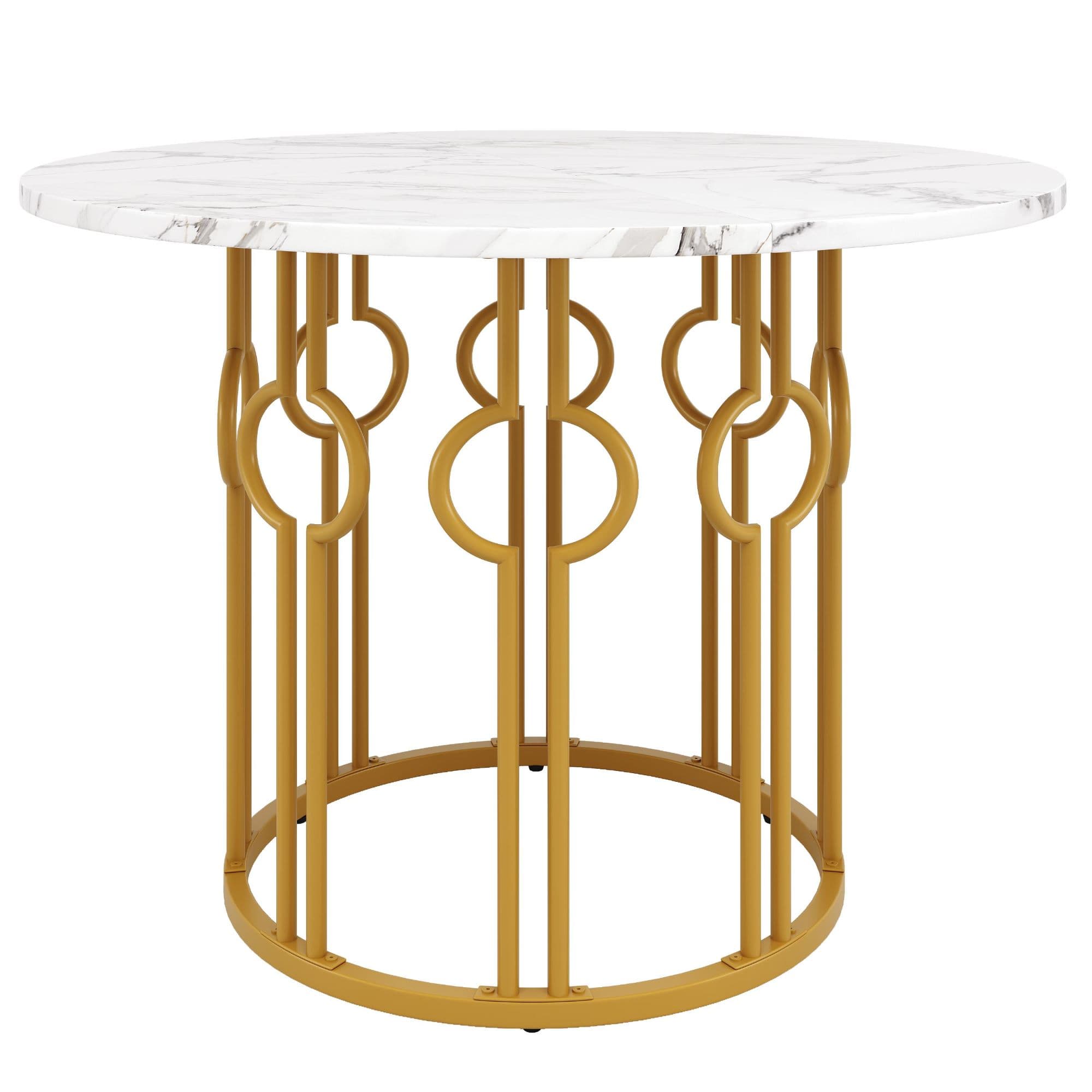 Table à manger ronde pour 4 personnes, plateau en MDF et pieds en métal, 100x100x76 cm, Blanc+Or