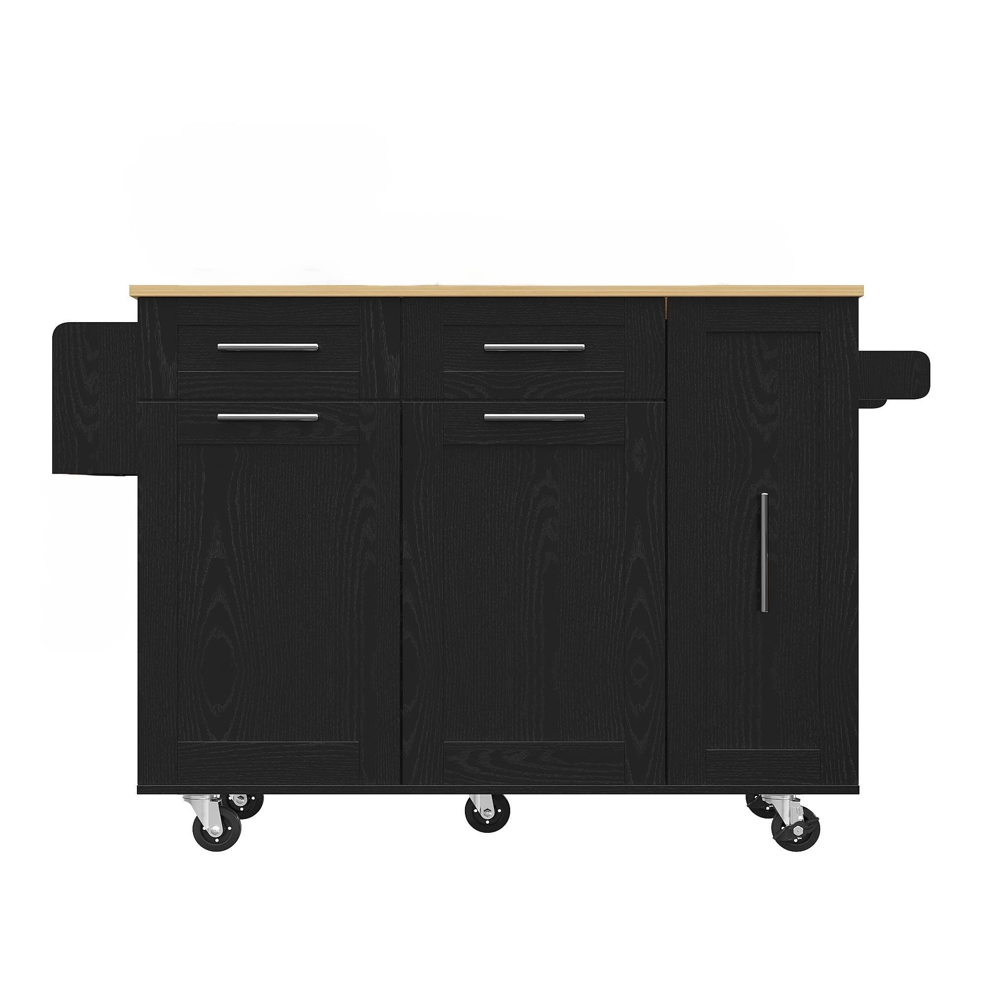Îlot de cuisine avec plateau de table rabattable, desserte avec étagères à snacks et placards extensibles, 134,5x46/74x90,5 cm, Noir
