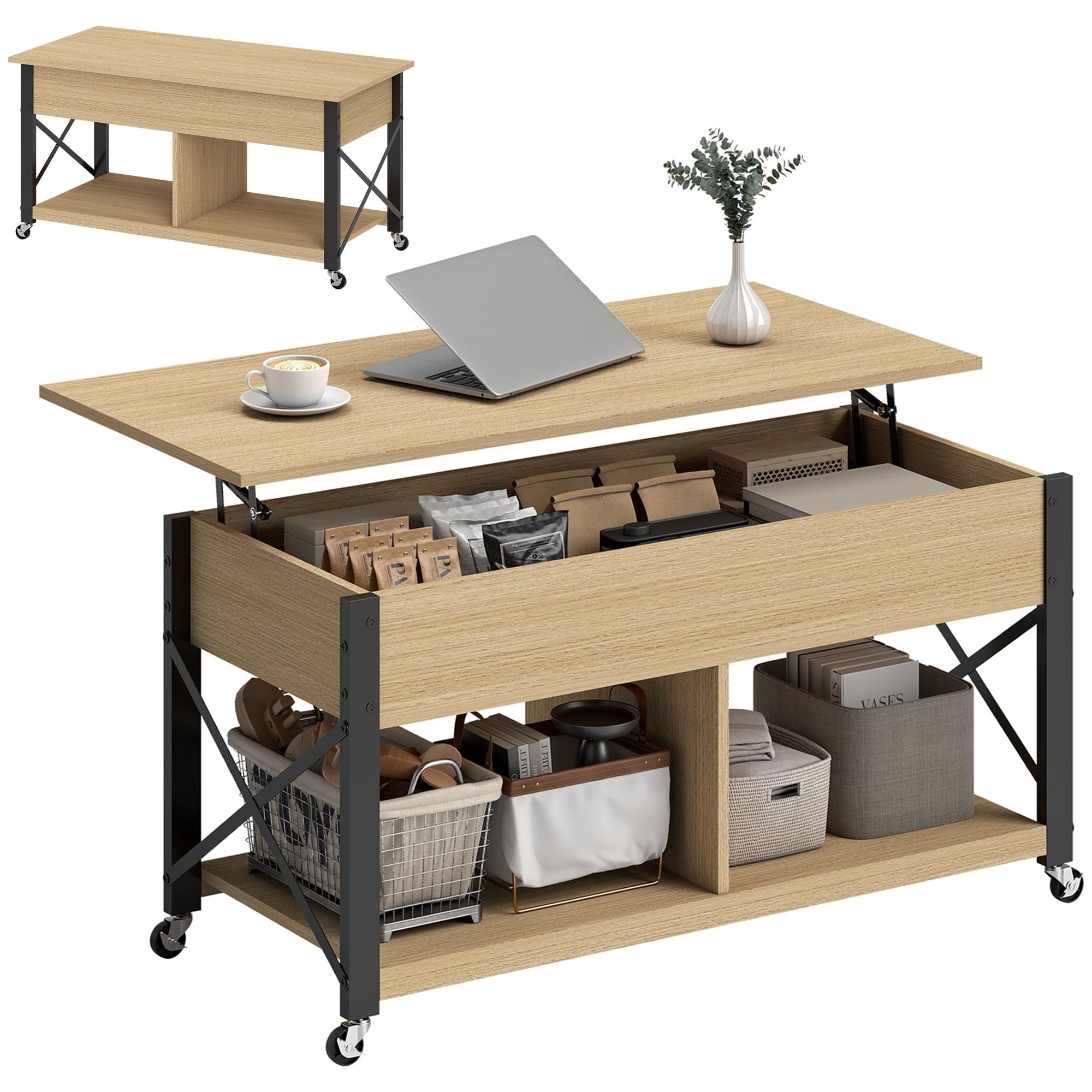 HOMCOM Table Basse Relevable sur Roulettes Table de Salon avec Compartiment Caché Étagères Ouvertes Bois naturel et blanc