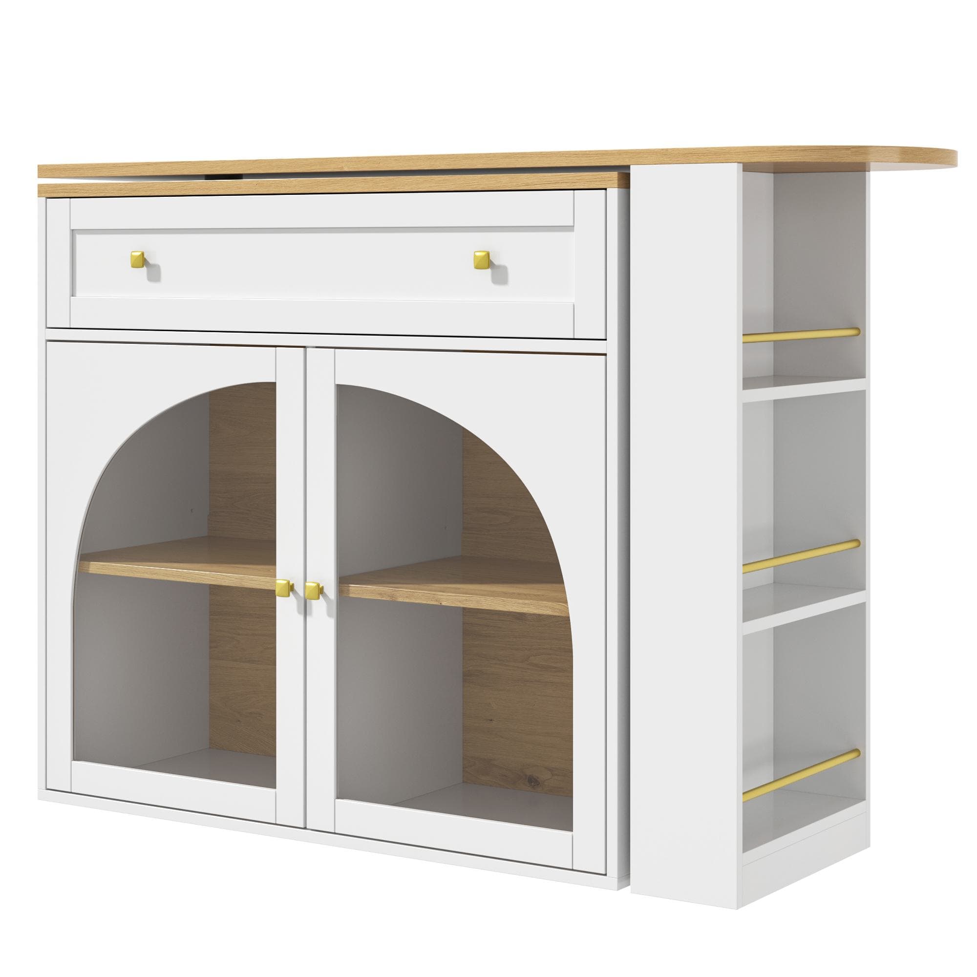 Table de bar extensible avec rangement, bar repas pivotant à 360° avec étagère latérale à 3 niveaux et portes en verre de sécurité, 138-204x39x104 cm, Blanc