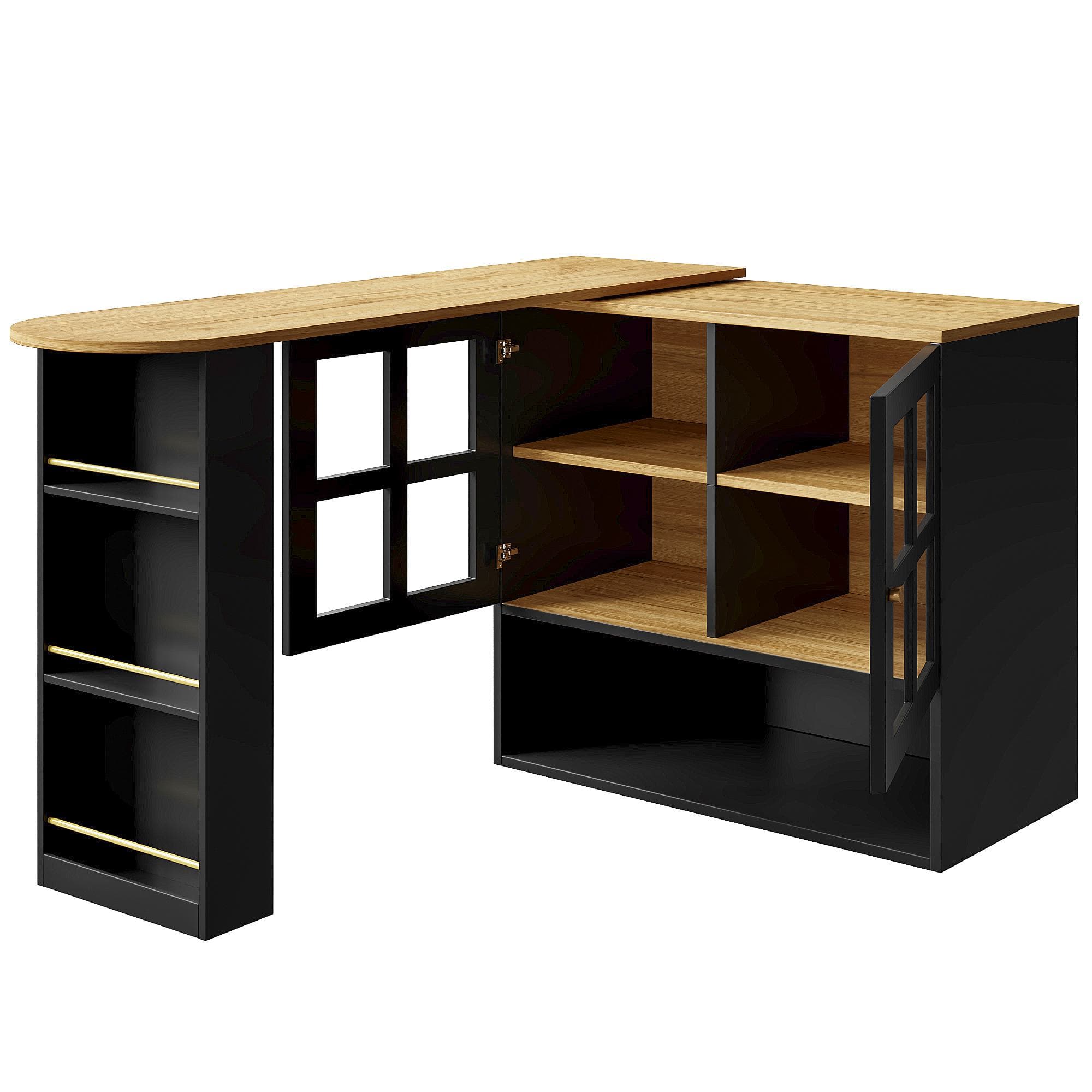 Bar pivotant à 360°, avec étagère à snacks et 5 surfaces de rangement, 138-204x39x102,5 cm, Noir