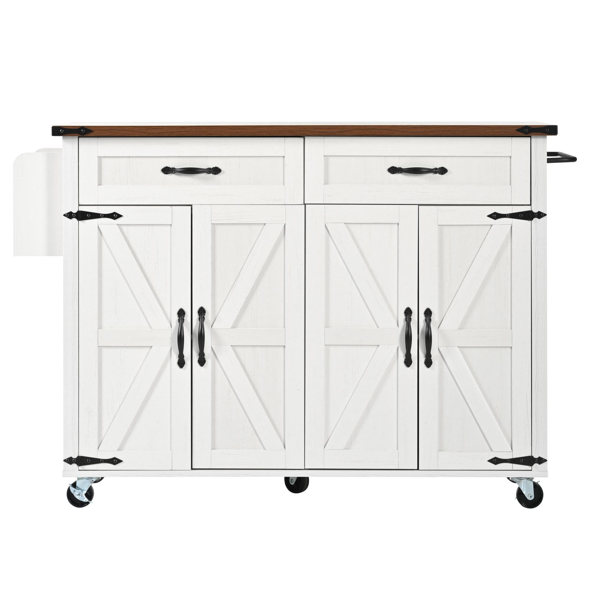 Îlot de cuisine avec plateau rabattable, avec 4 portes et 2 tiroirs, 140x45/73x92 cm, Blanc