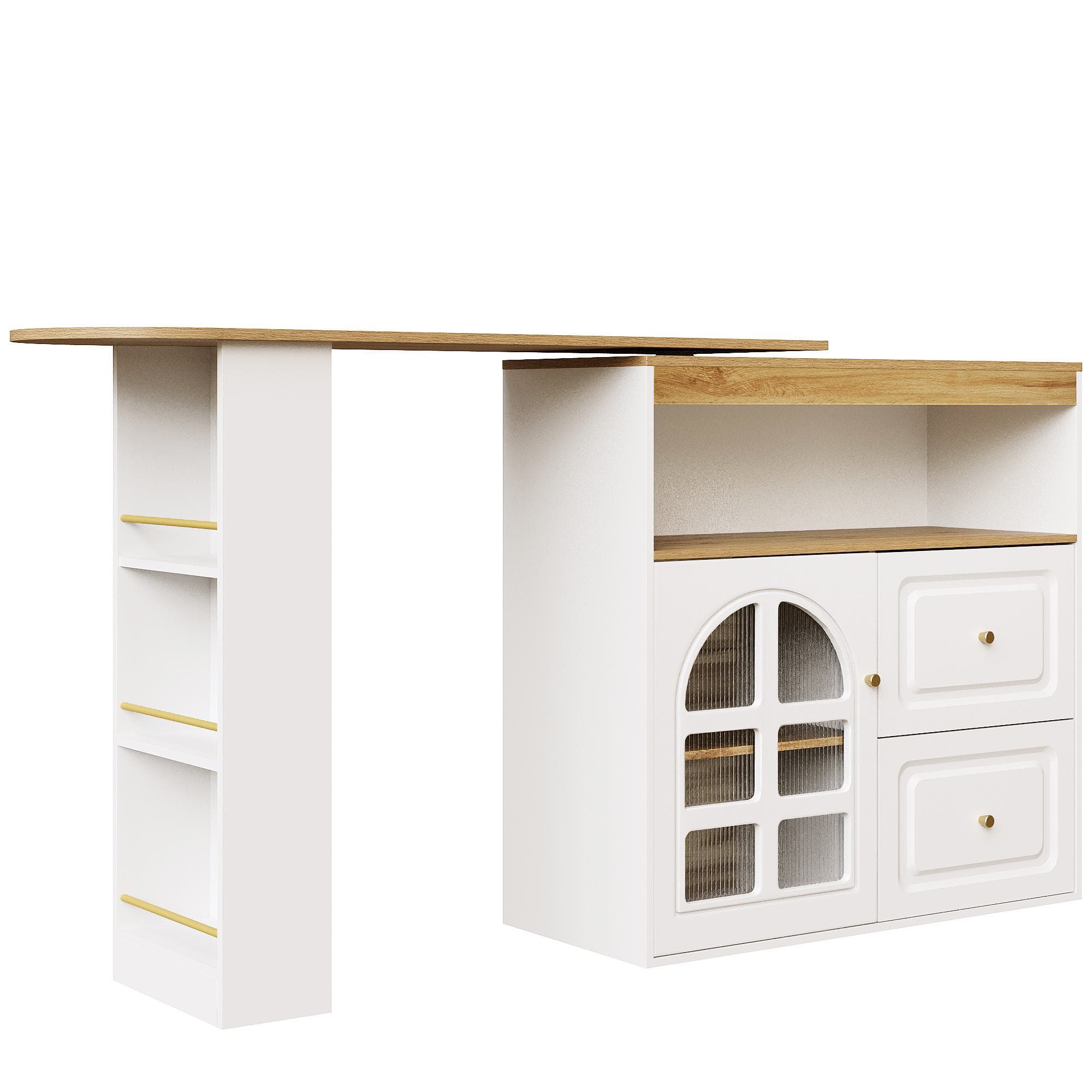 Buffet pivotant 360°, avec 2 tiroirs, étagère à snacks, verre cintré, 138-204x39x104 cm, Blanc