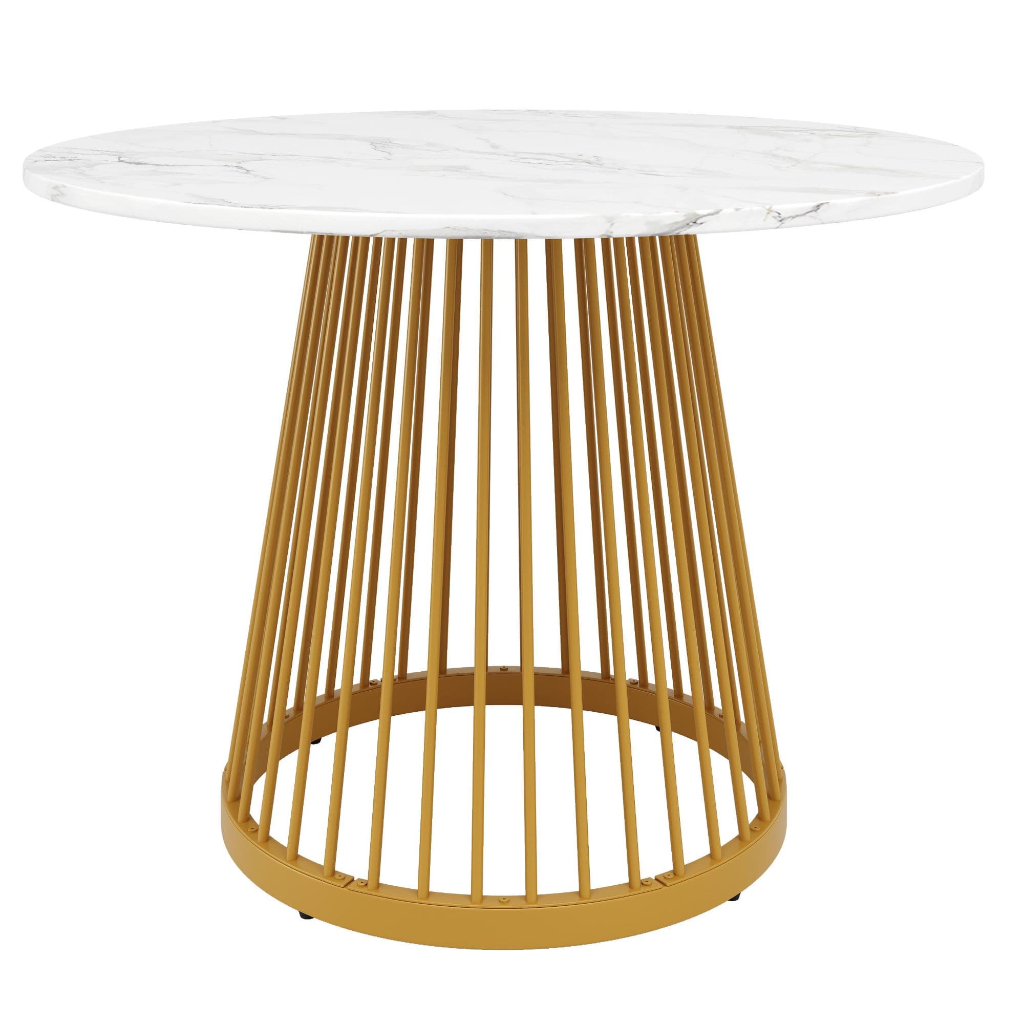 Table à manger ronde pour 4 personnes, table de cuisine avec plateau en MDF et pieds de table en métal, 80x80x76 cm, Blanc+Or
