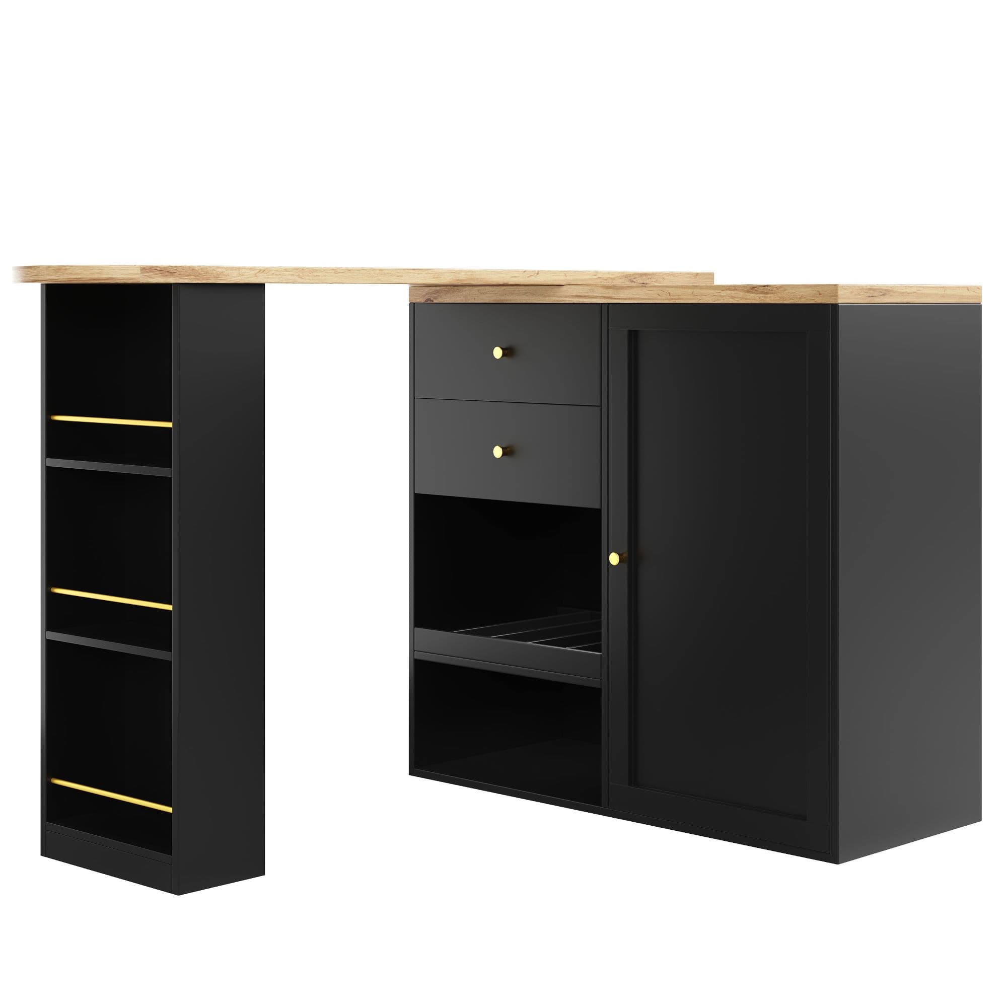 Table de bar pivotante à 360° avec 2 tiroirs et armoire à porte coulissante, 3 niveaux de rangement ouvert, Noir