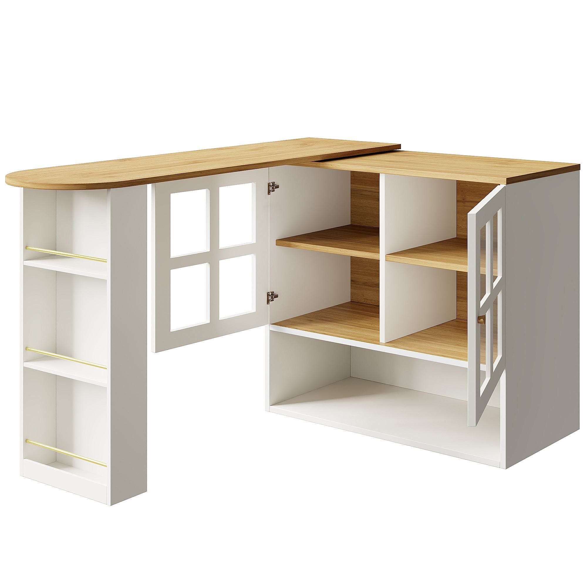 Bar pivotant à 360°, avec étagère à snacks et 5 surfaces de rangement, 138-204x39x102,5 cm, Blanc