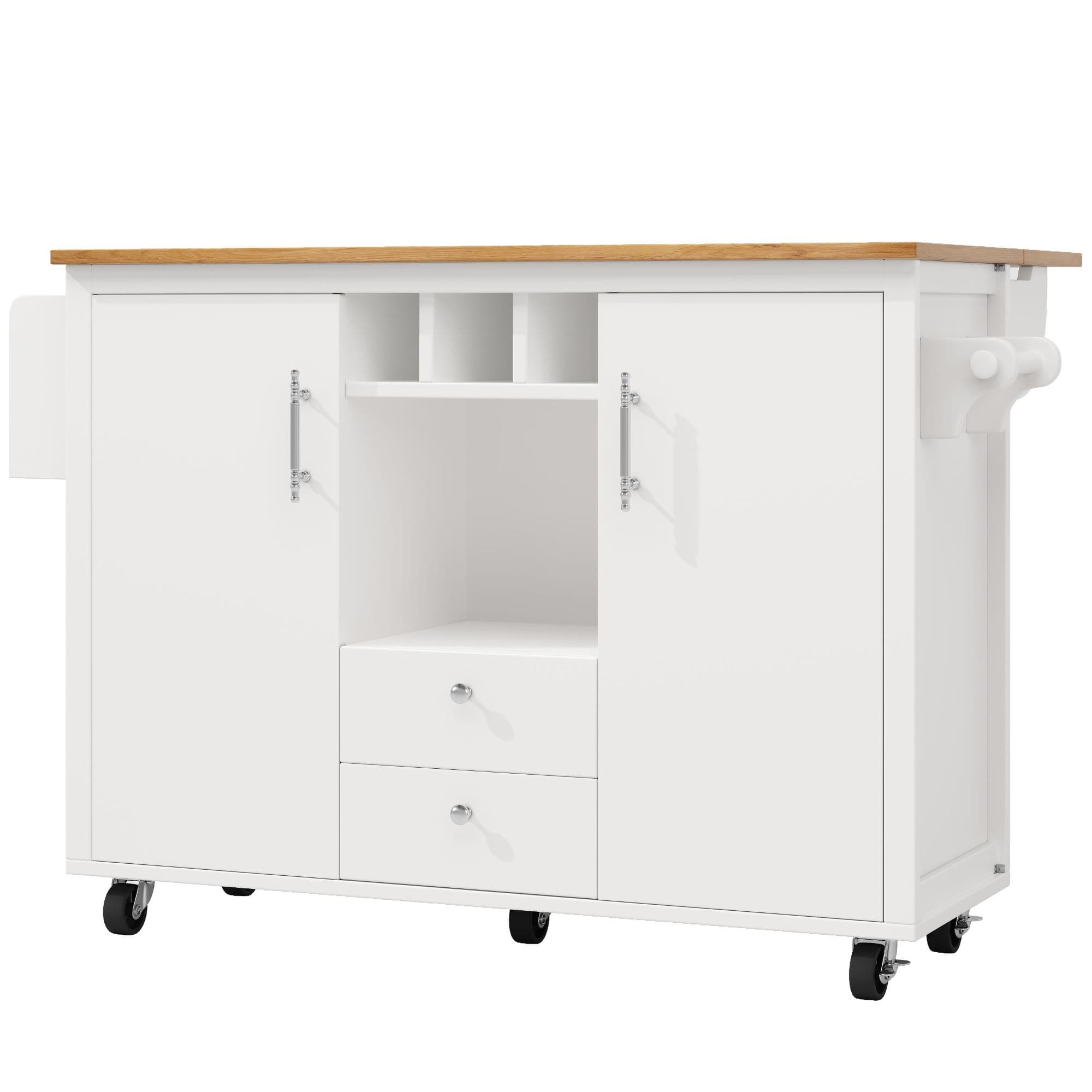 Îlot de cuisine avec table pliante, grand espace de rangement, casier à vin, porte-serviette et porte-épices, 137,9x45/73x92,2 cm, Blanc